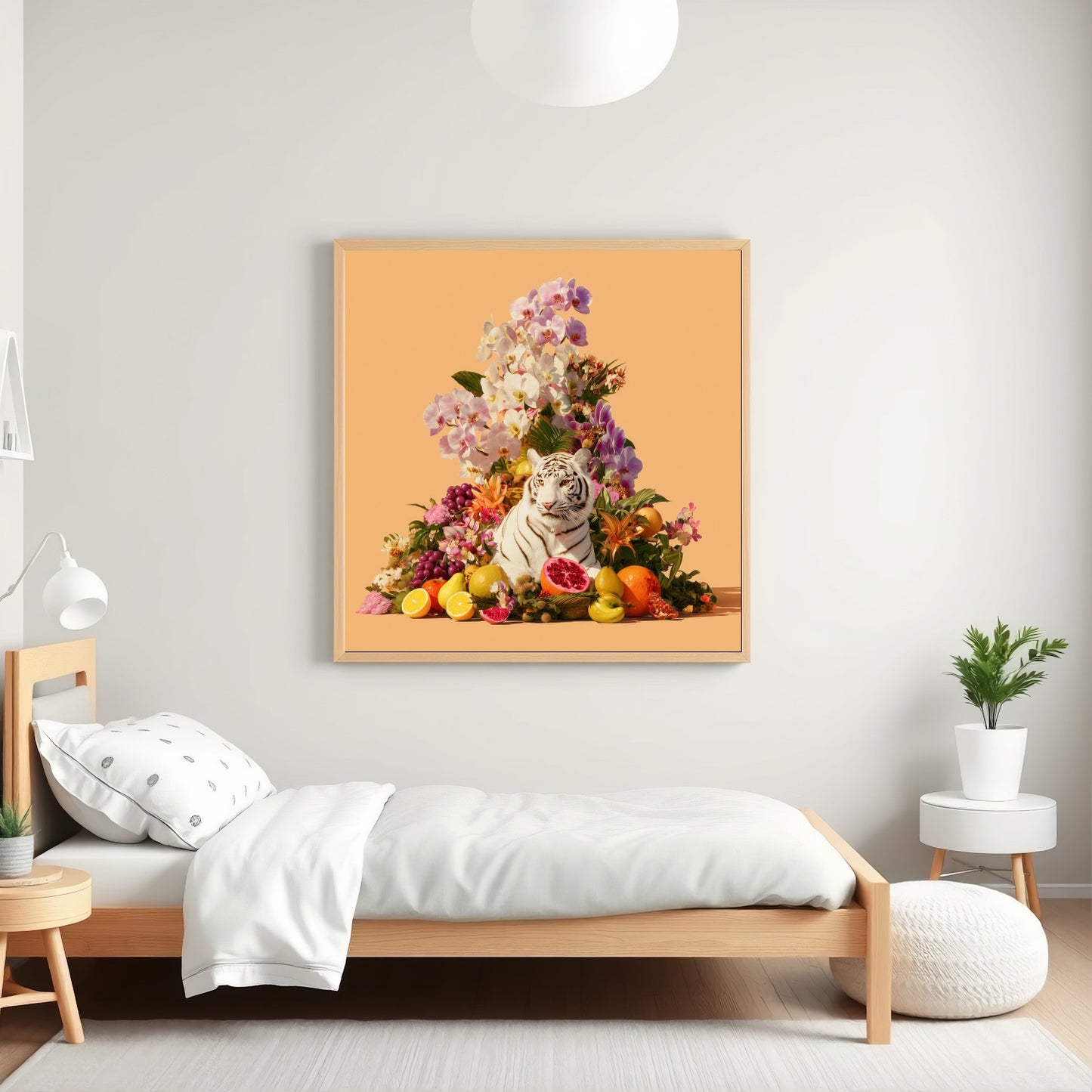 Tiger in orchids modern abstract wall art print — safari wildlife artwork with pastel botanical design in kids room