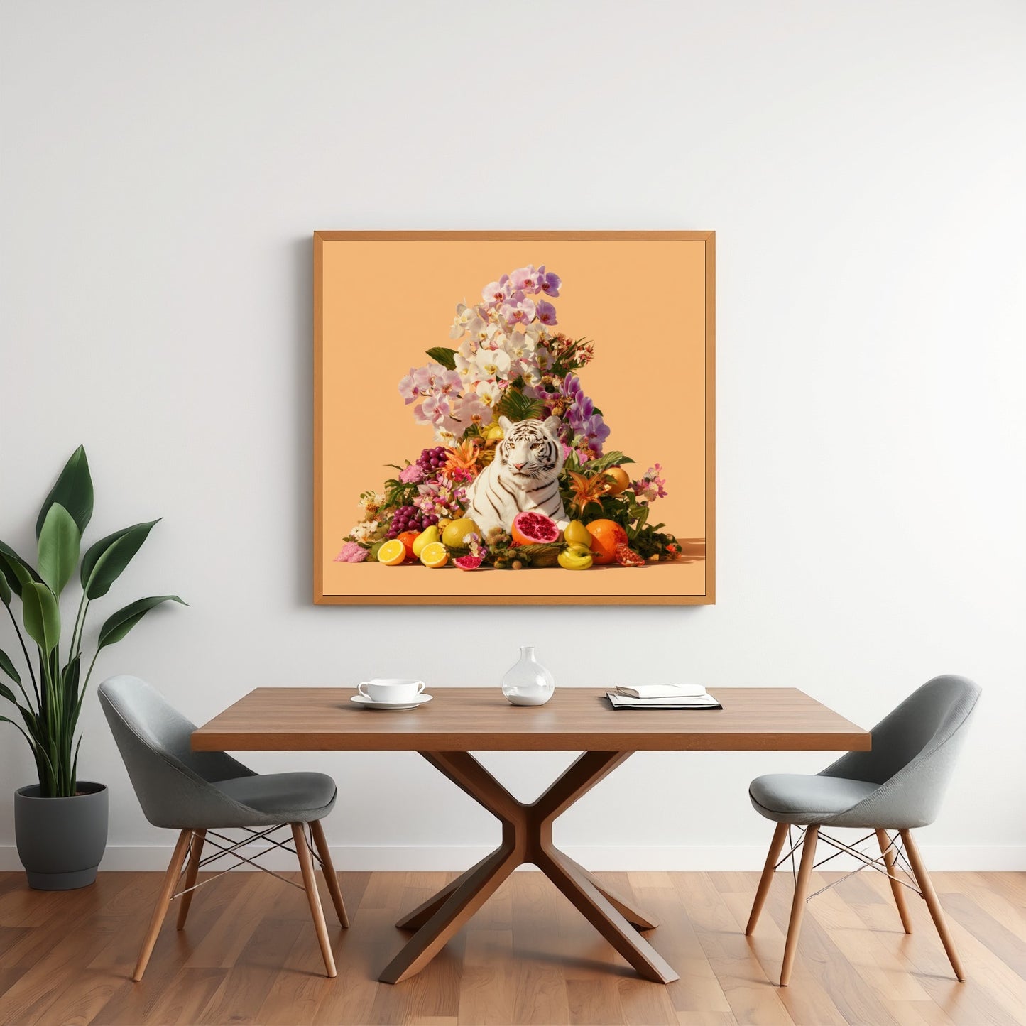 Tiger in orchids modern abstract wall art print — safari wildlife artwork with pastel botanical design in minimalist dining room