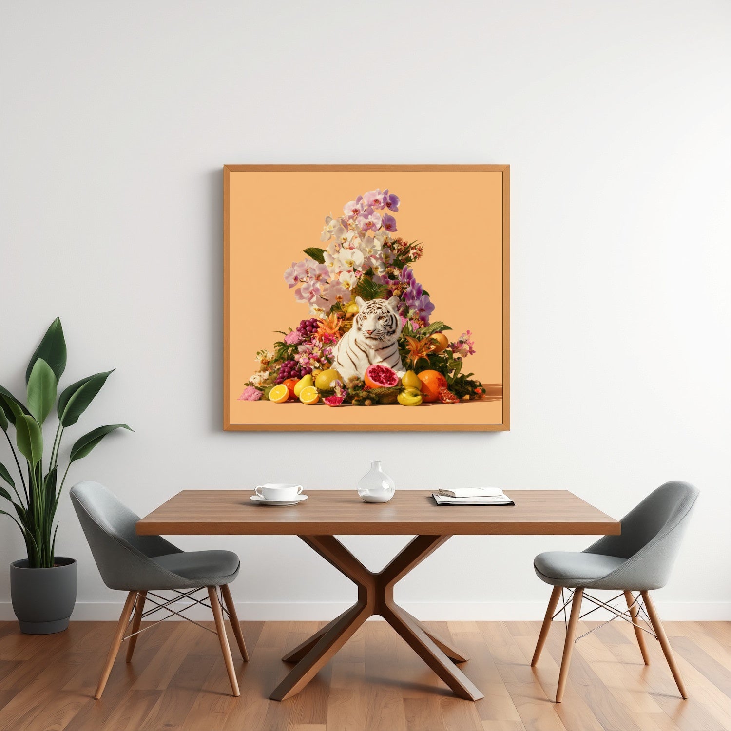 Tiger in orchids modern abstract wall art print — safari wildlife artwork with pastel botanical design in minimalist dining room