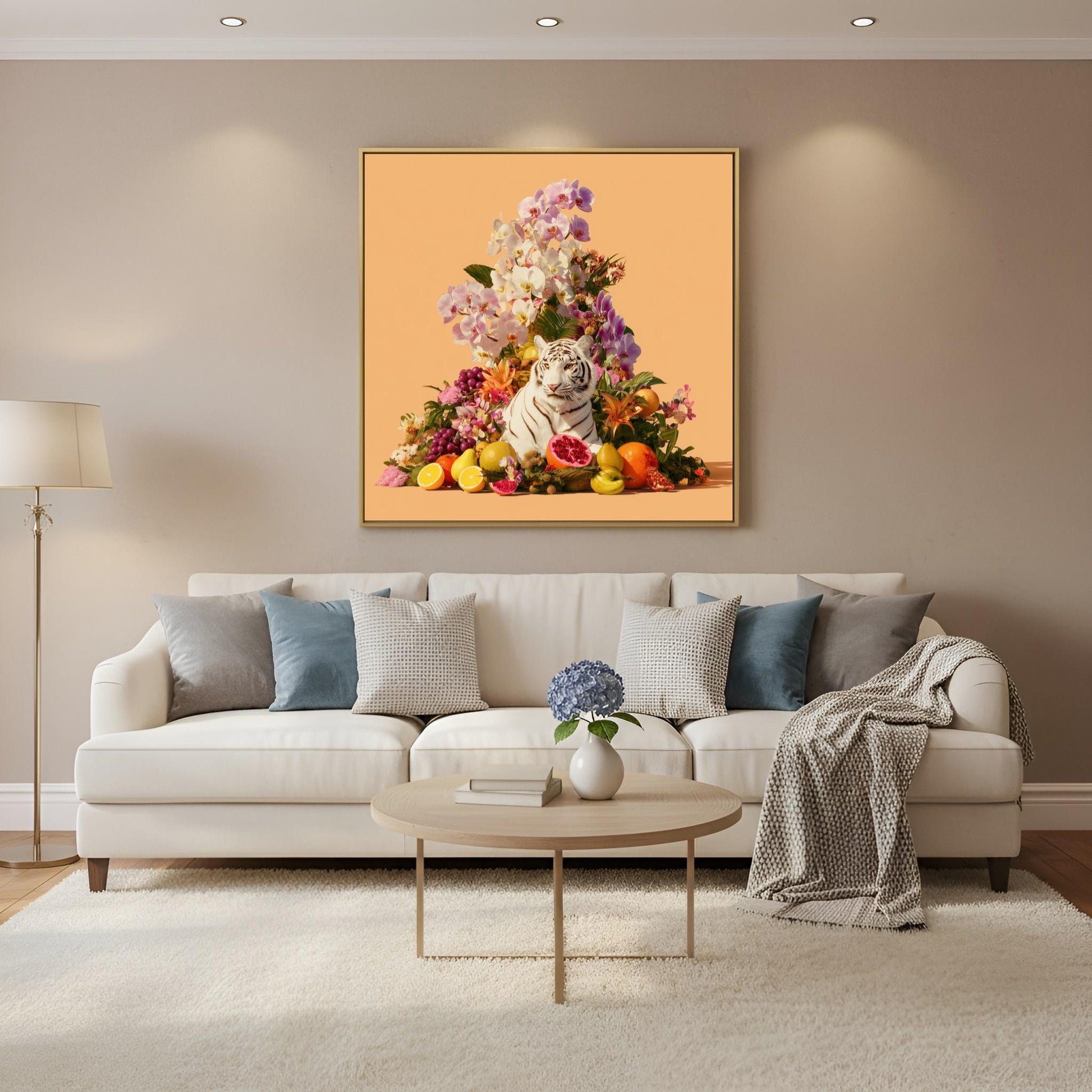Tiger in orchids modern abstract wall art print — safari wildlife artwork with pastel botanical design in Scandinavian living room