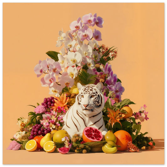 Tiger in orchids modern abstract wall art print — safari wildlife artwork with pastel botanical design close up