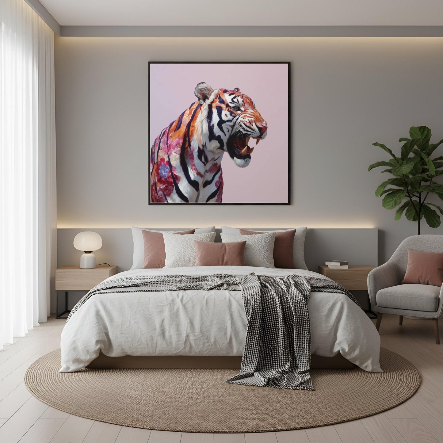 Roaring tiger pastel wall art print — dramatic safari animal artwork with bold pastel color palette in boho bedroom