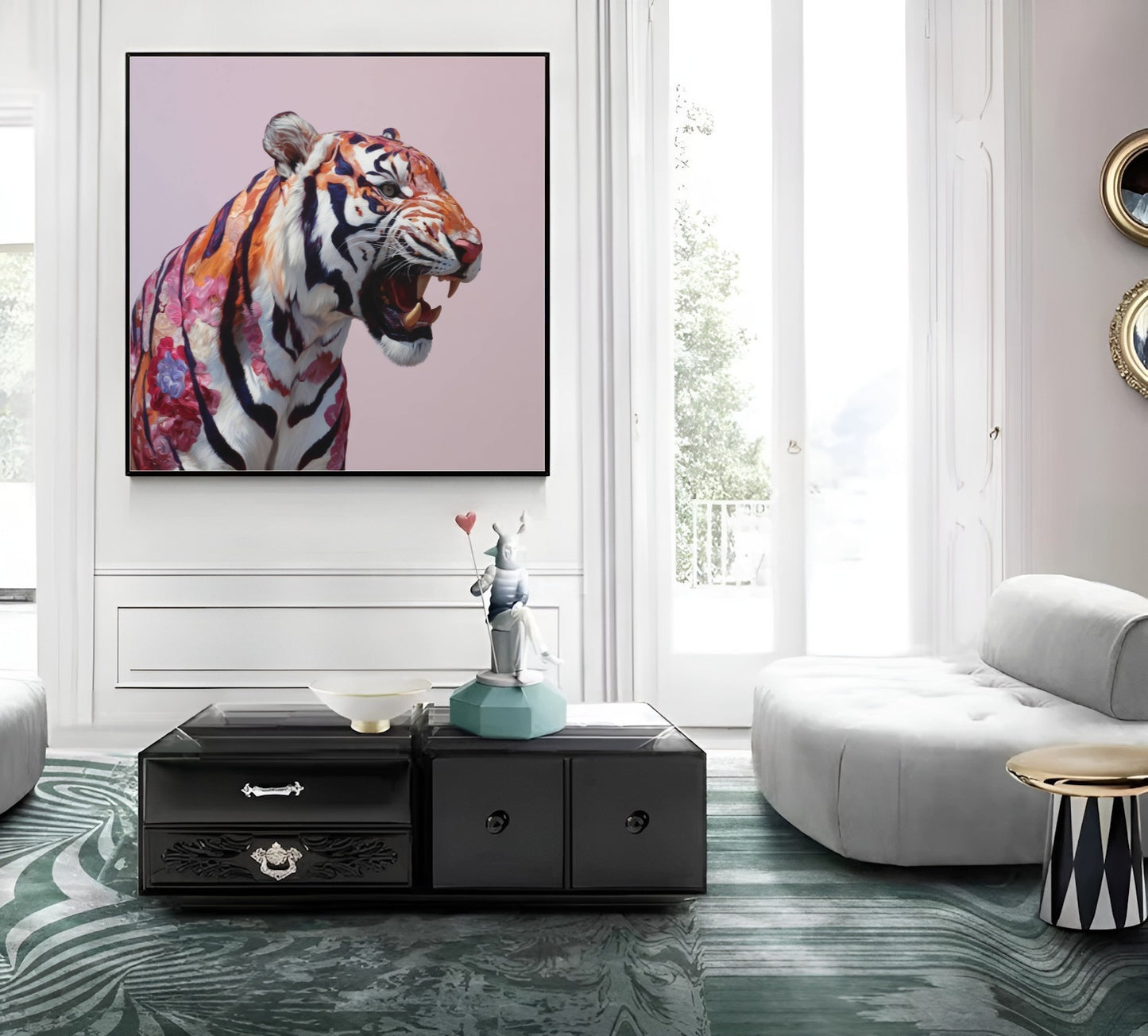 Roaring tiger pastel wall art print — dramatic safari animal artwork with bold pastel color palette in contemporary living room