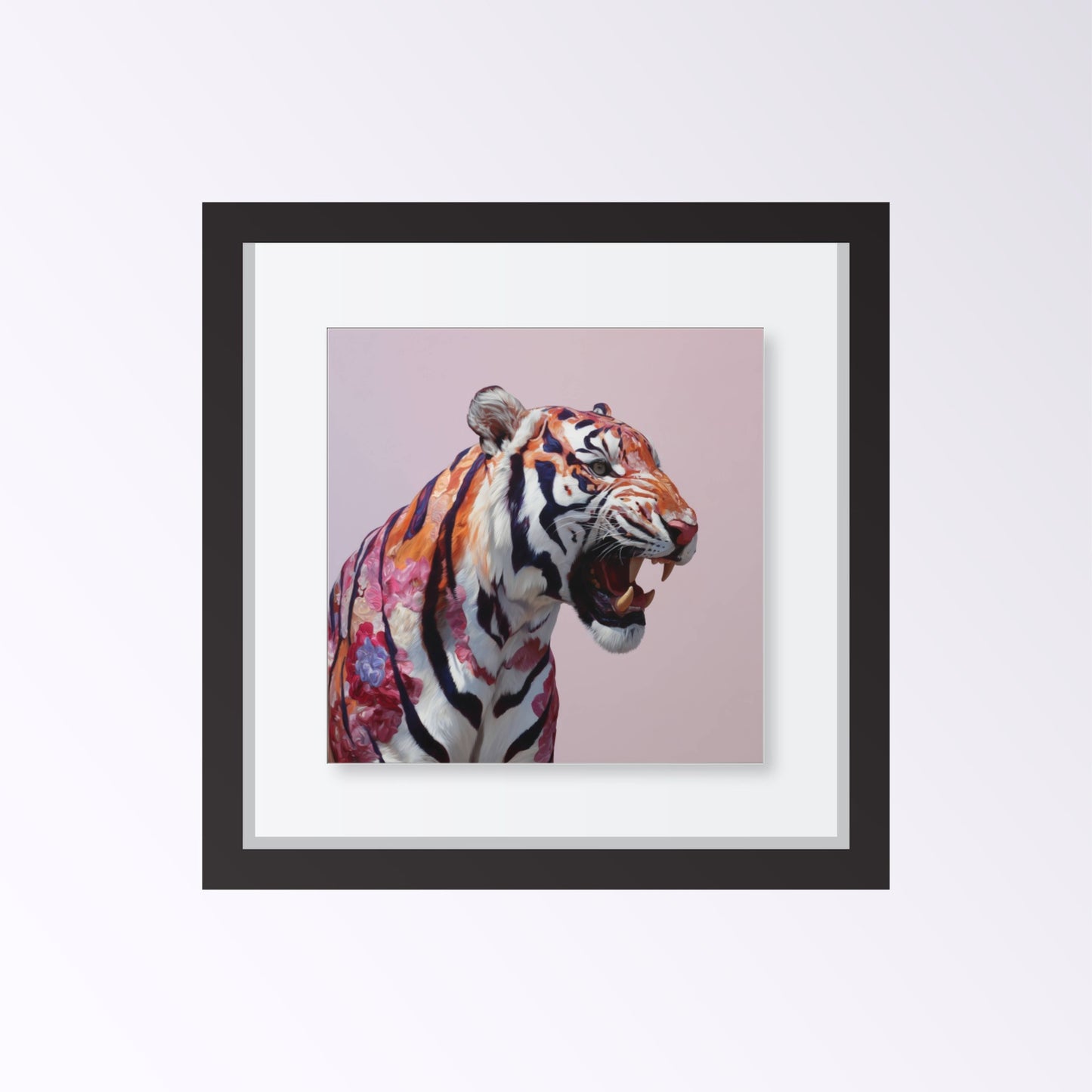 Roaring tiger pastel wall art print — dramatic safari animal artwork with bold pastel color palette framed black