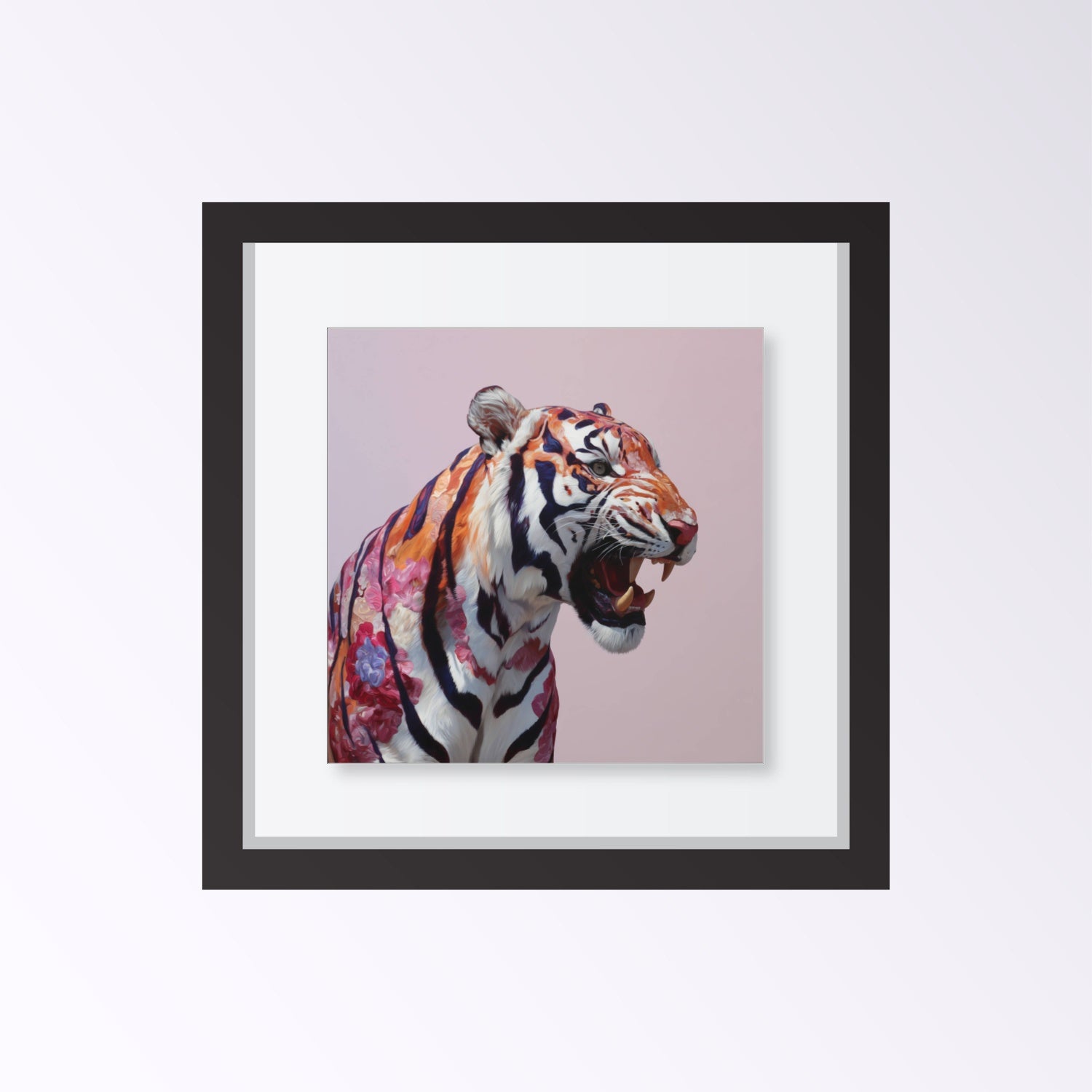 Roaring tiger pastel wall art print — dramatic safari animal artwork with bold pastel color palette framed black