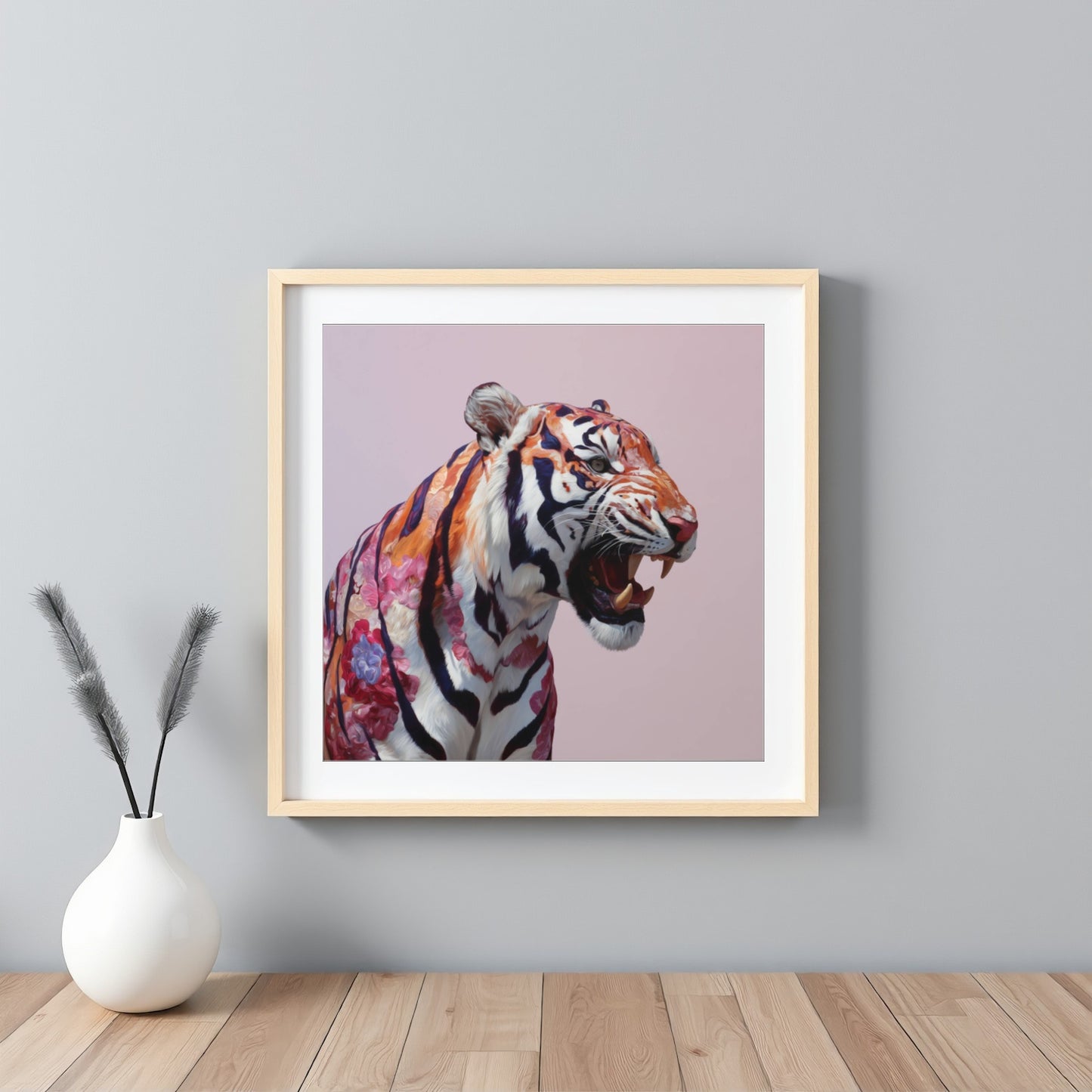 Roaring tiger pastel wall art print — dramatic safari animal artwork with bold pastel color palette framed white
