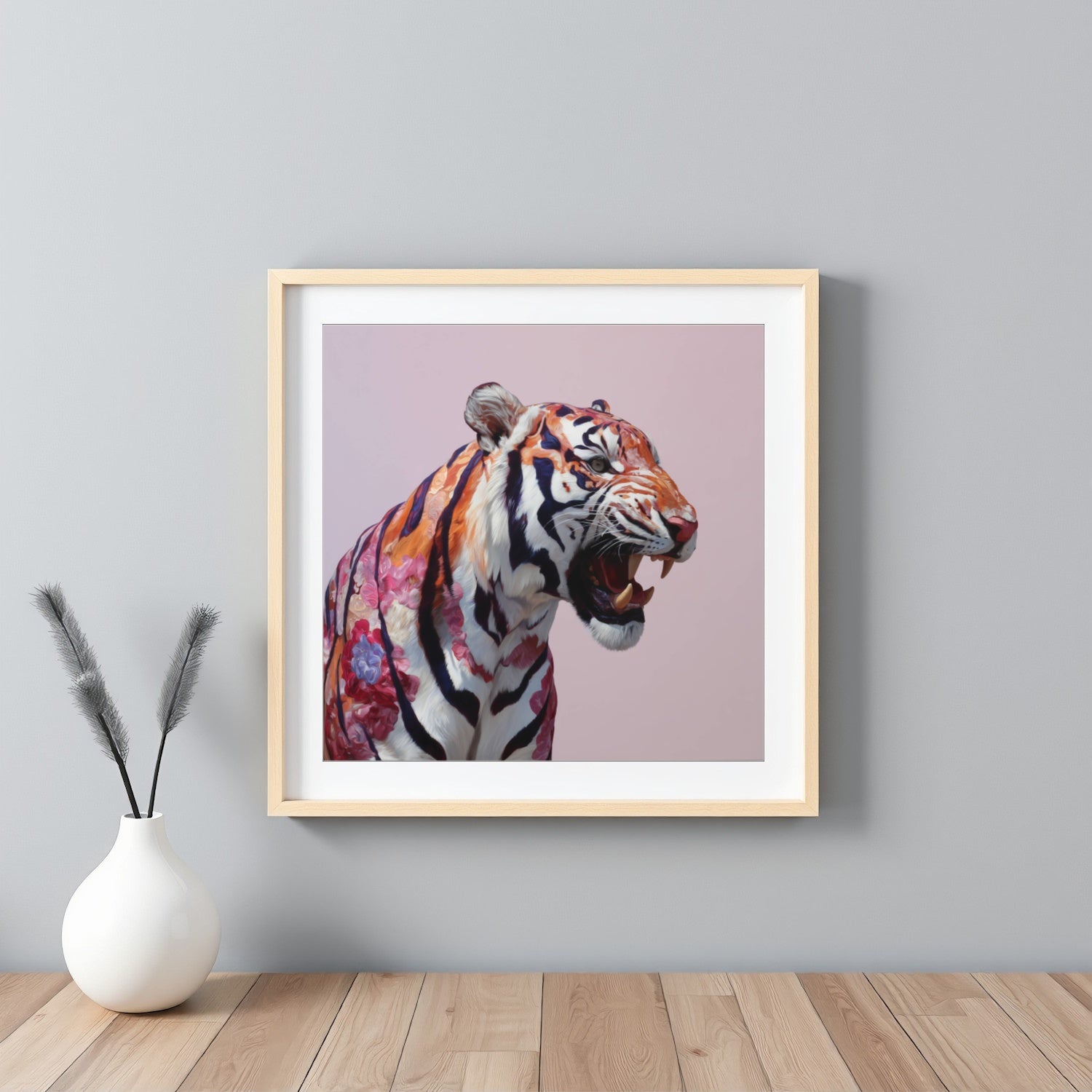 Roaring tiger pastel wall art print — dramatic safari animal artwork with bold pastel color palette framed white