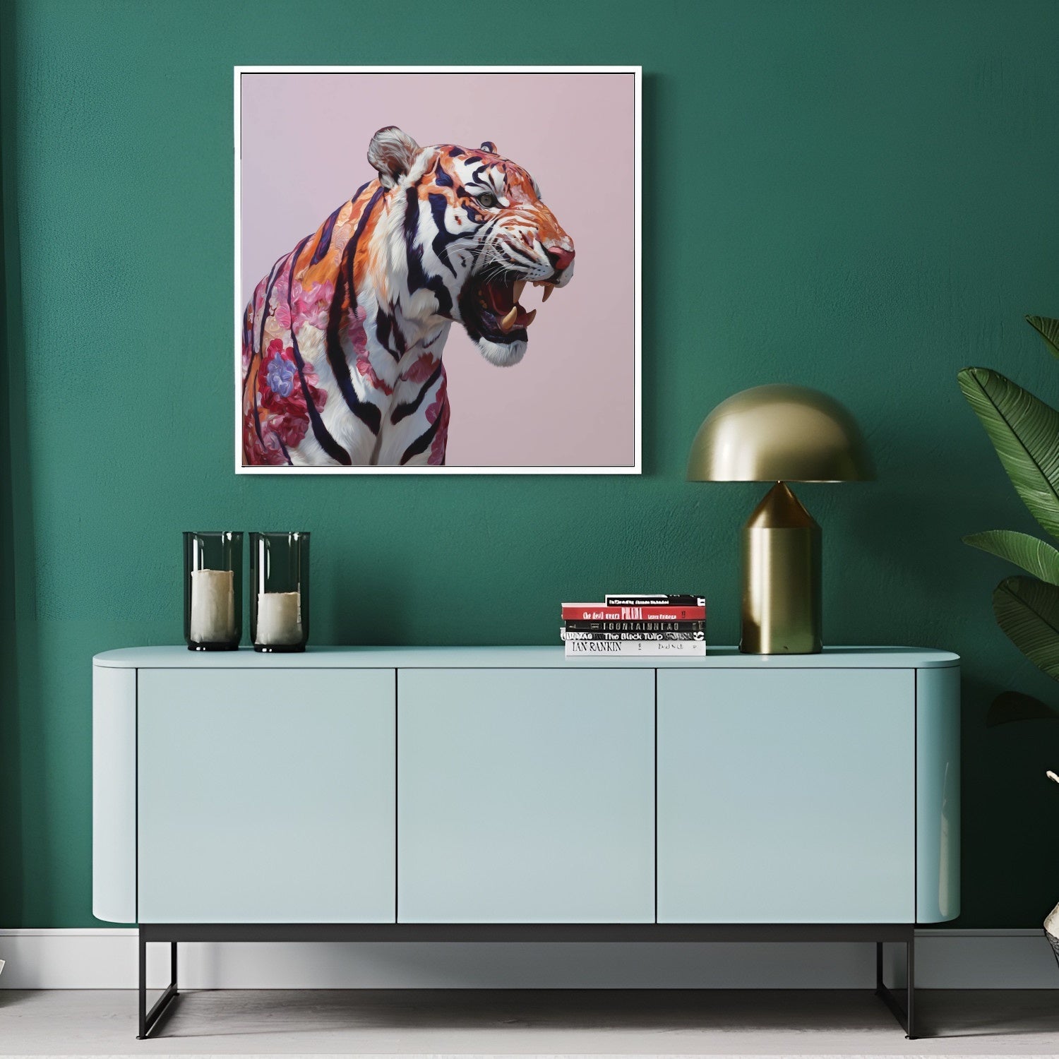 Roaring tiger pastel wall art print — dramatic safari animal artwork with bold pastel color palette in modern hallway