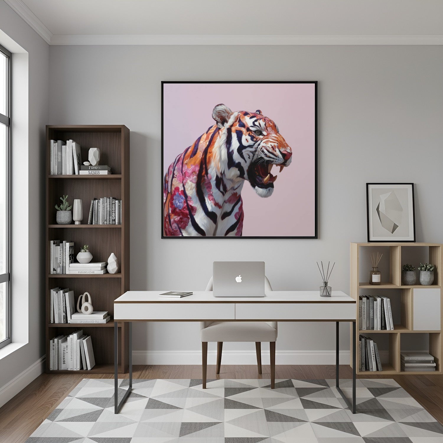Roaring tiger pastel wall art print — dramatic safari animal artwork with bold pastel color palette in home office