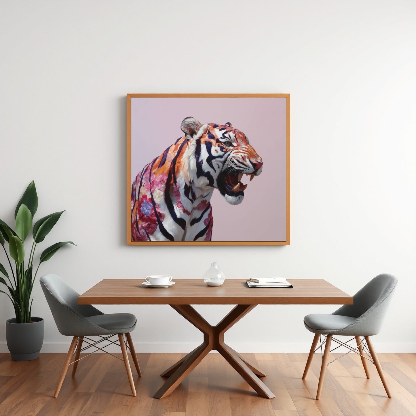 Roaring tiger pastel wall art print — dramatic safari animal artwork with bold pastel color palette in minimalist dining