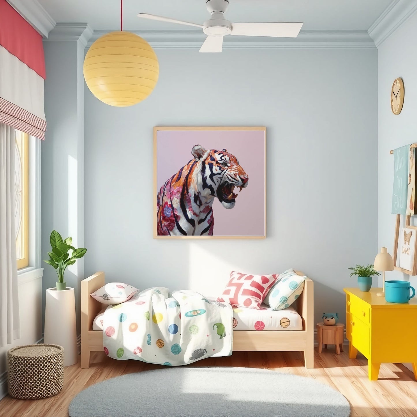 Roaring tiger pastel wall art print — dramatic safari animal artwork with bold pastel color palette in nursery kids room 