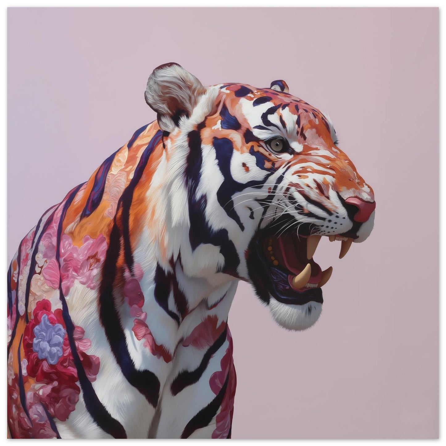 Roaring tiger pastel wall art print — dramatic safari animal artwork with bold pastel color palette close up