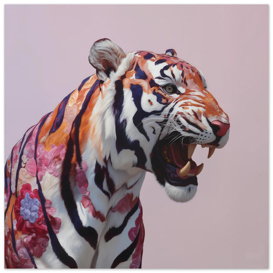 Roaring tiger pastel wall art print — dramatic safari animal artwork with bold pastel color palette close up