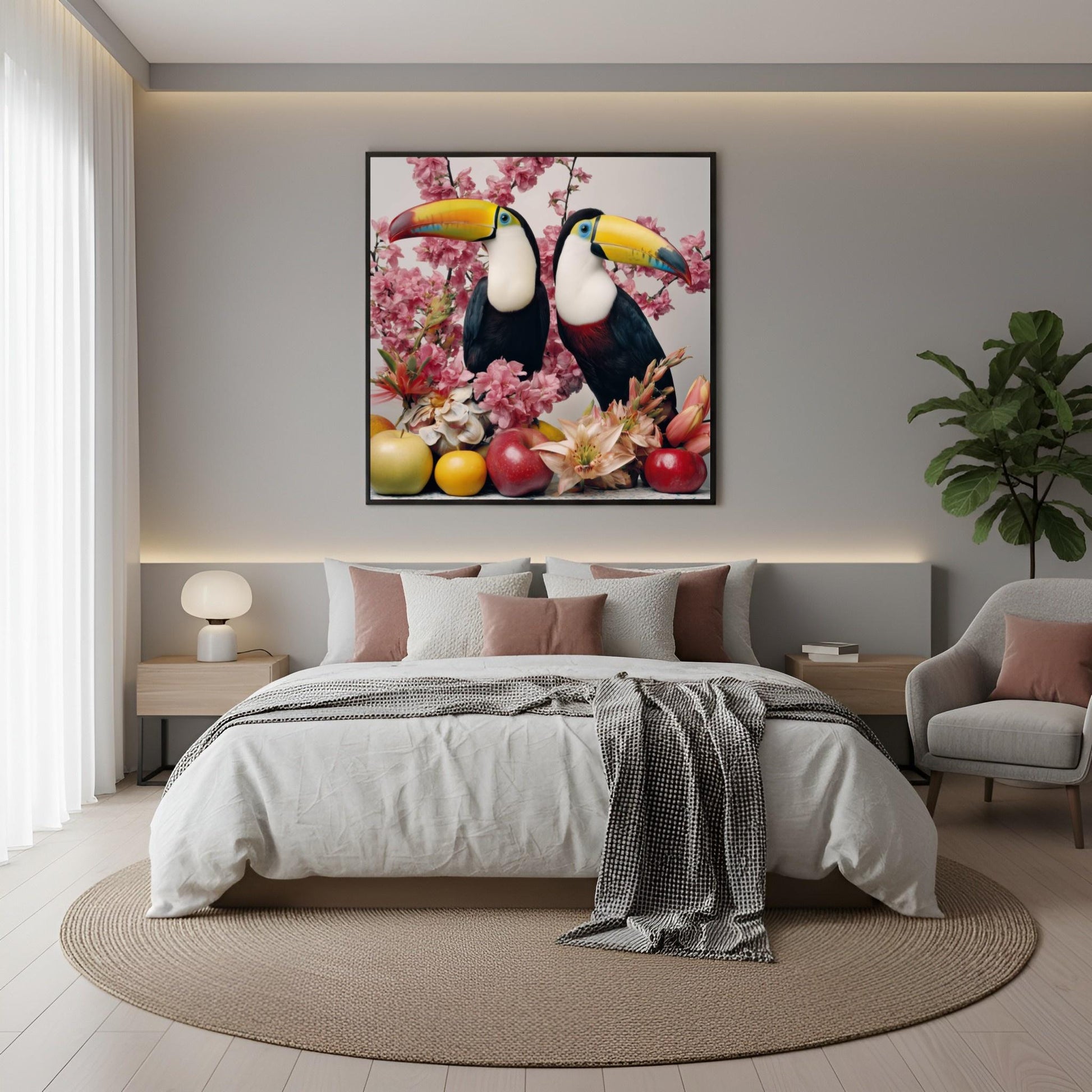 Tropical toucans pastel wall art print — colorful bird artwork with exotic botanical-inspired design in the boho bedroom
