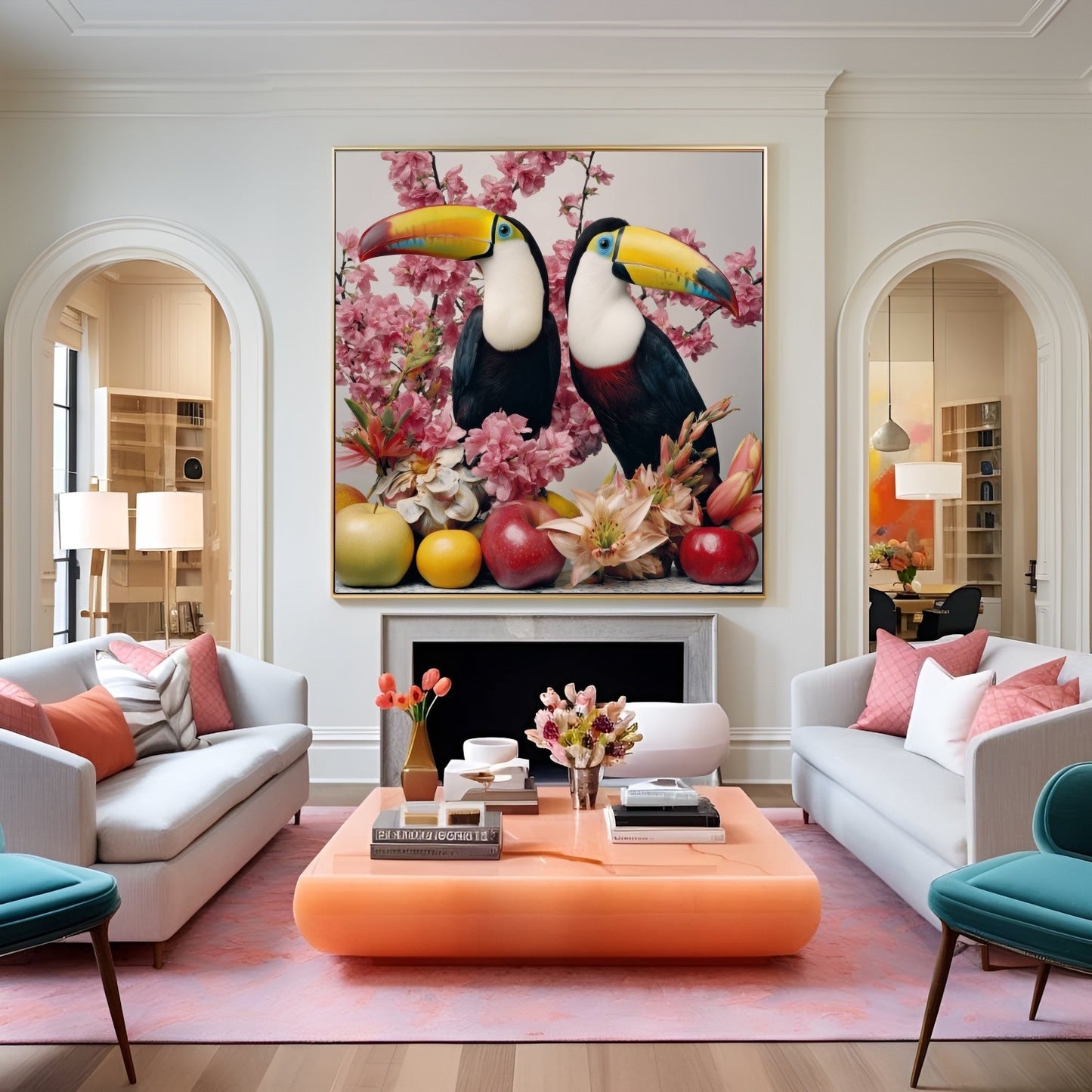 Tropical toucans pastel wall art print — colorful bird artwork with exotic botanical-inspired design in the eclectic lounge 