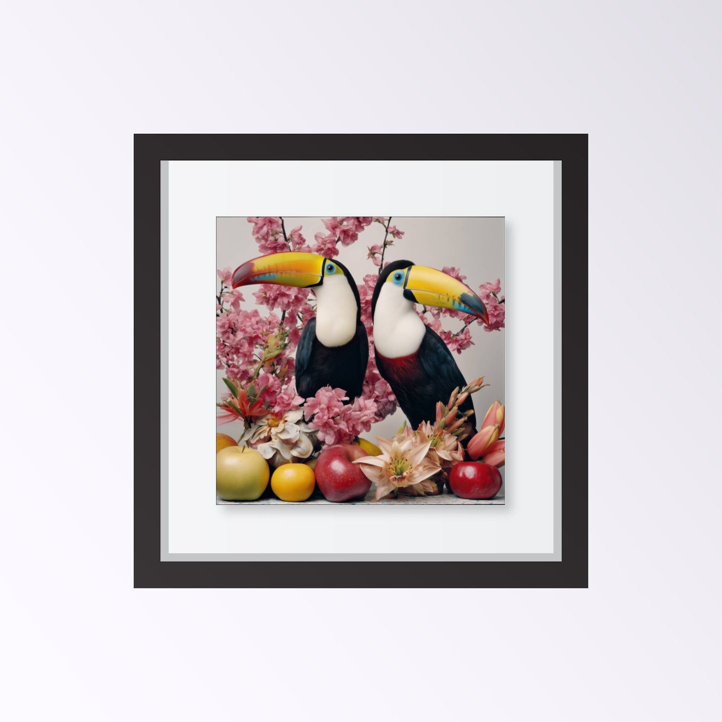 Tropical toucans pastel wall art print — colorful bird artwork with exotic botanical-inspired design for dining rooms and kitchens framed black