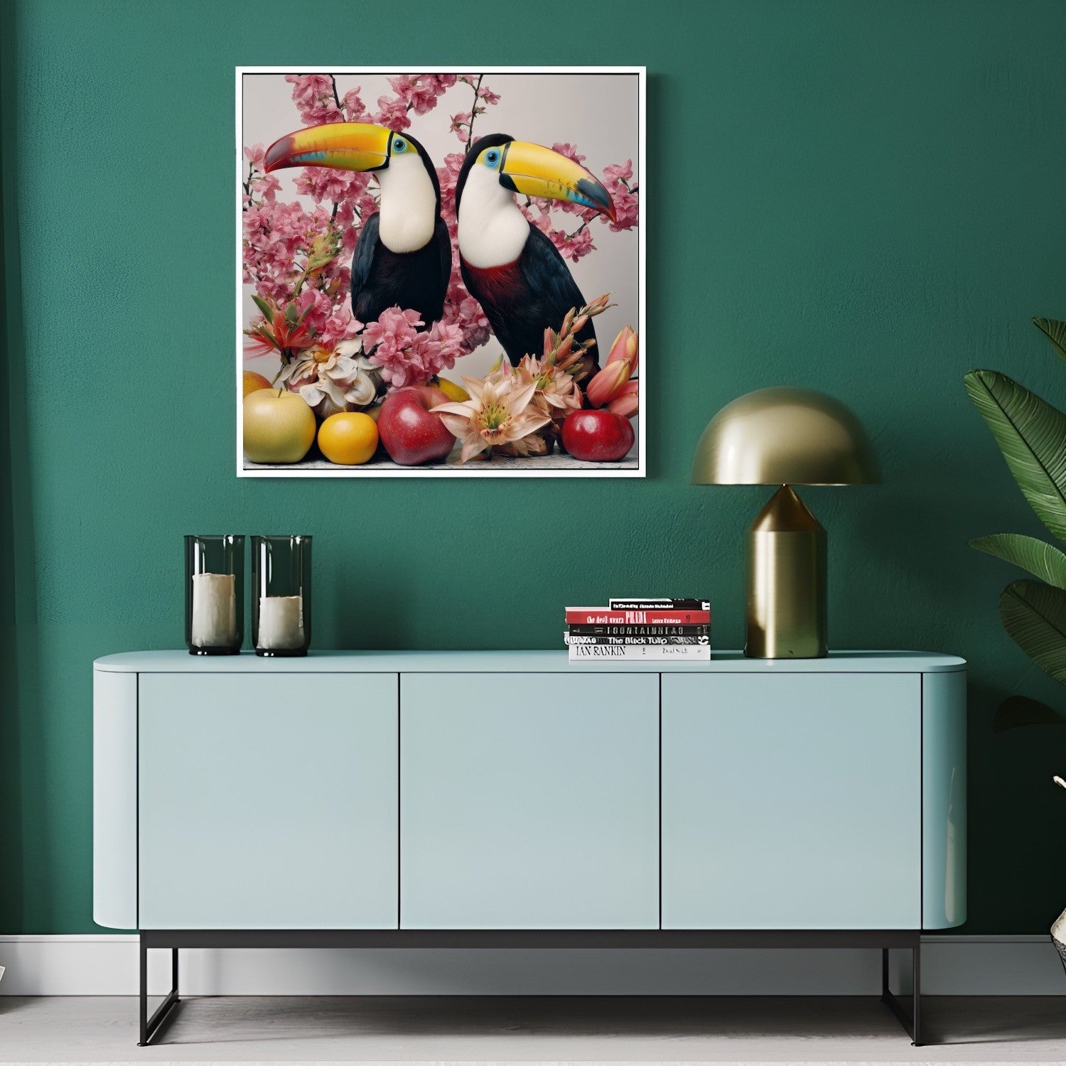 Tropical toucans pastel wall art print — colorful bird artwork with exotic botanical-inspired design in the hallway