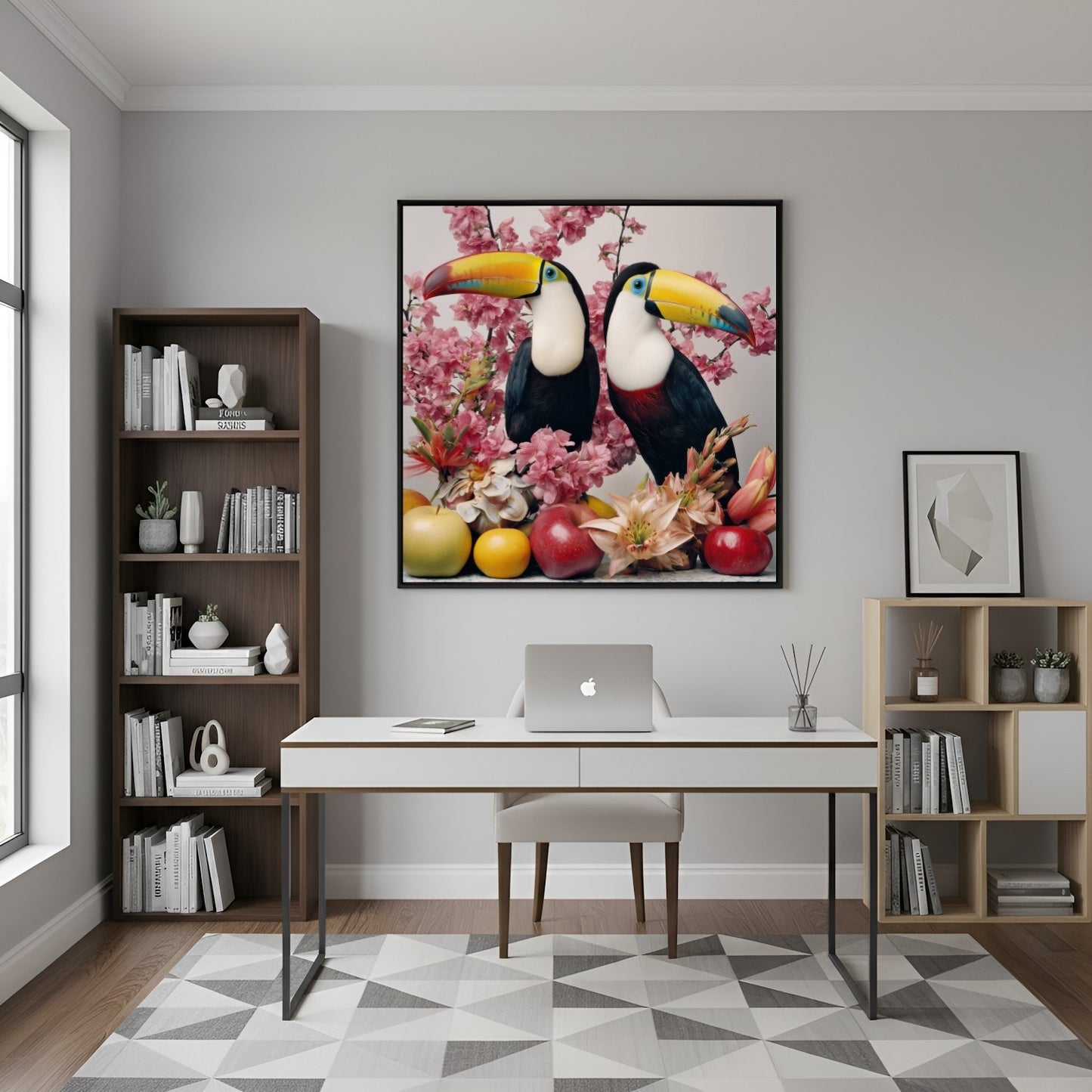 Tropical toucans pastel wall art print — colorful bird artwork with exotic botanical-inspired design in the office