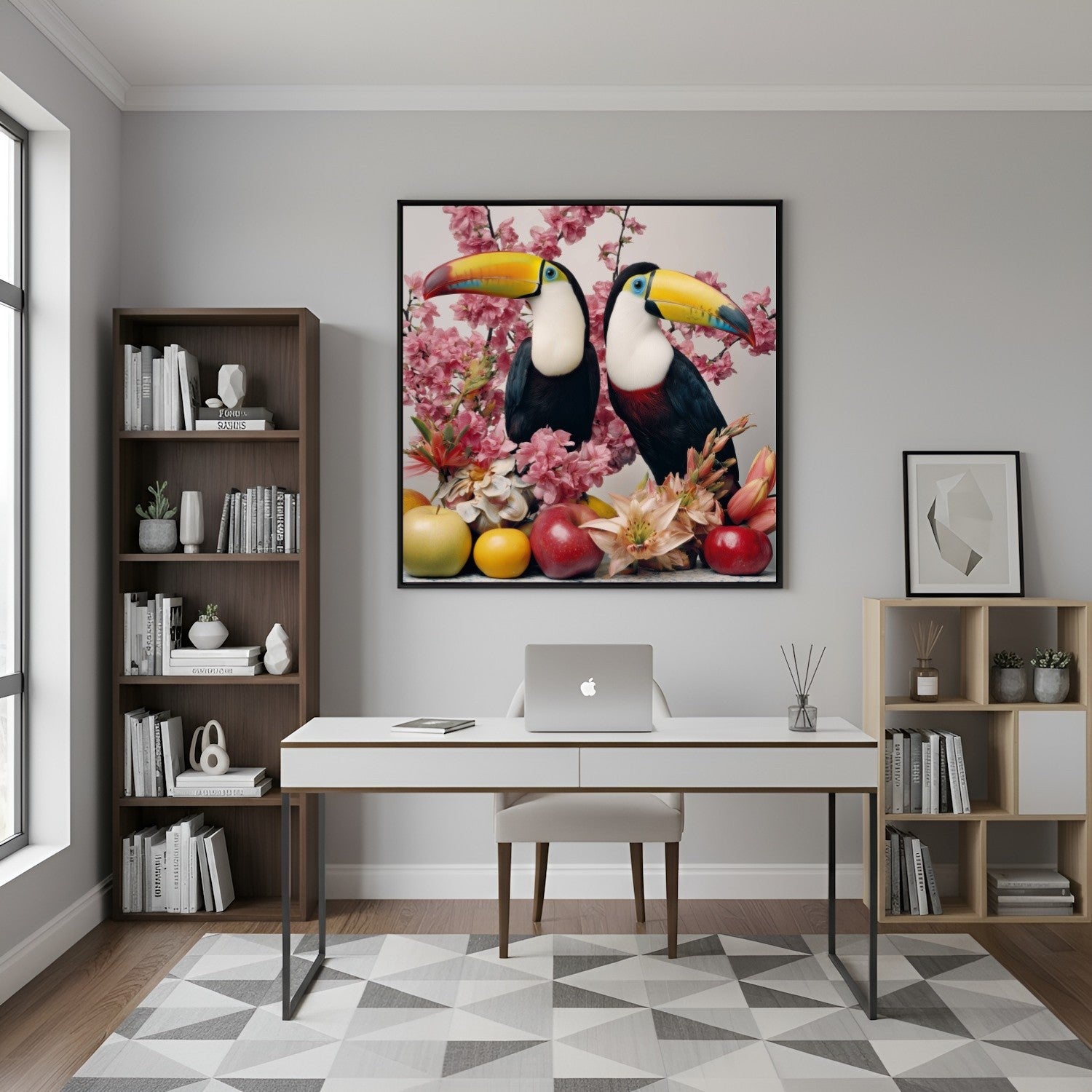 Tropical toucans pastel wall art print — colorful bird artwork with exotic botanical-inspired design in the office