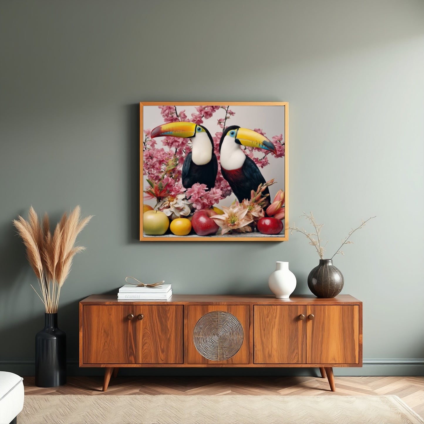 Tropical toucans pastel wall art print — colorful bird artwork with exotic botanical-inspired design in the modern living room