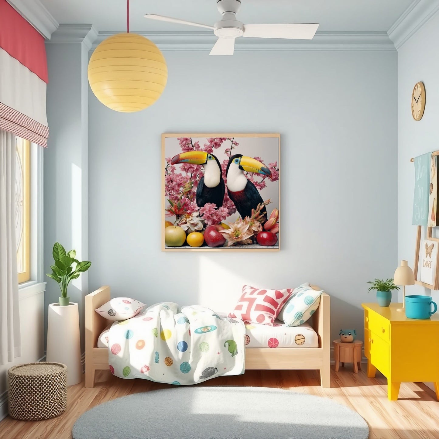 Tropical toucans pastel wall art print — colorful bird artwork with exotic botanical-inspired design in the nursery or kids room
