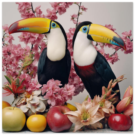 Tropical toucans pastel wall art print — colorful bird artwork with exotic botanical-inspired design for dining rooms and kitchens close up