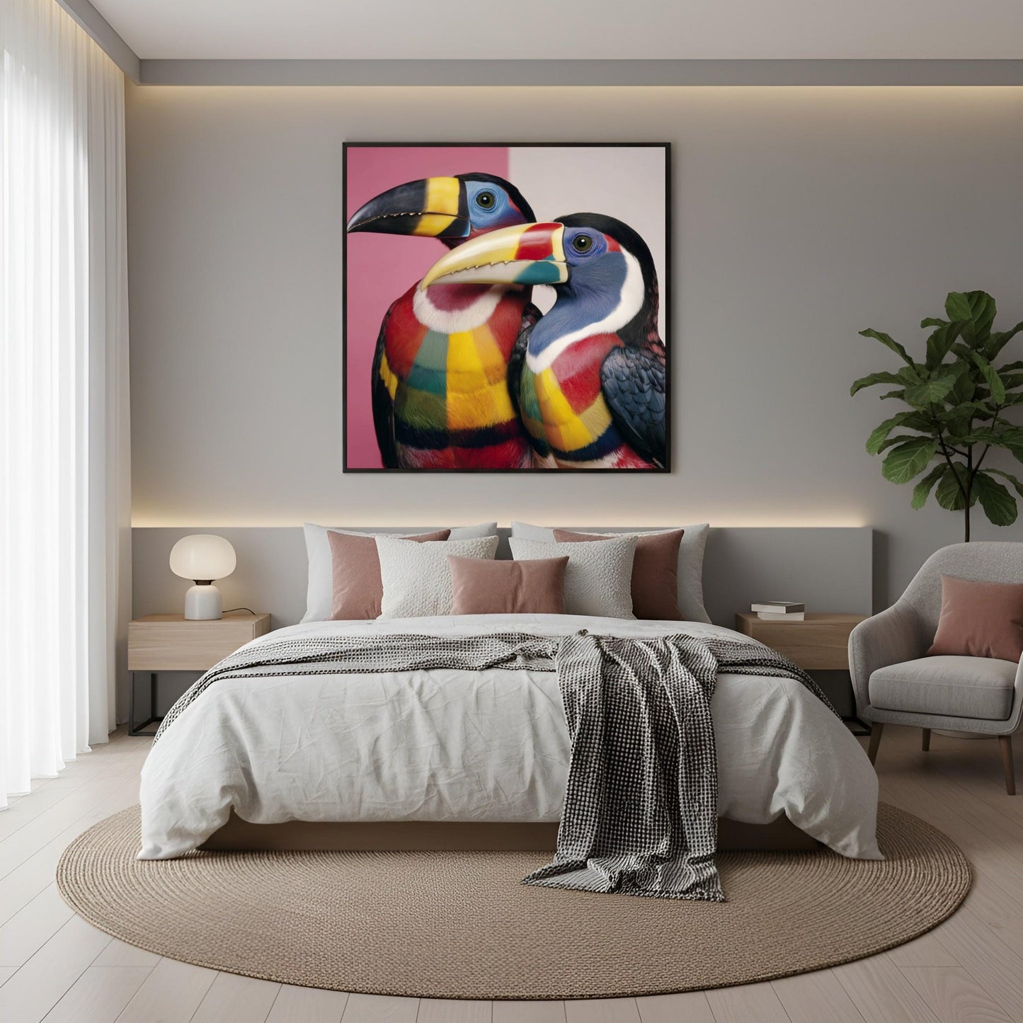 Colorful toucans pastel wall art print — tropical bird artwork with vivid tones and modern design in boho bedroom