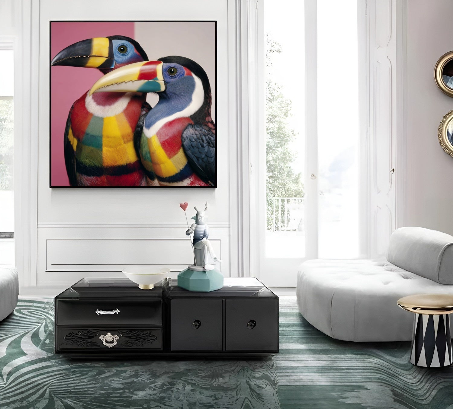 Colorful toucans pastel wall art print — tropical bird artwork with vivid tones and modern design in contemporary living room