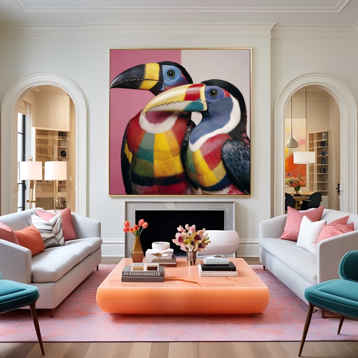 Colorful toucans pastel wall art print — tropical bird artwork with vivid tones and modern design in eclectic lounge