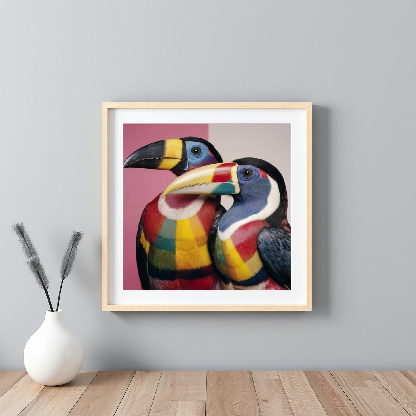 Colorful toucans pastel wall art print — tropical bird artwork with vivid tones and modern design framed white