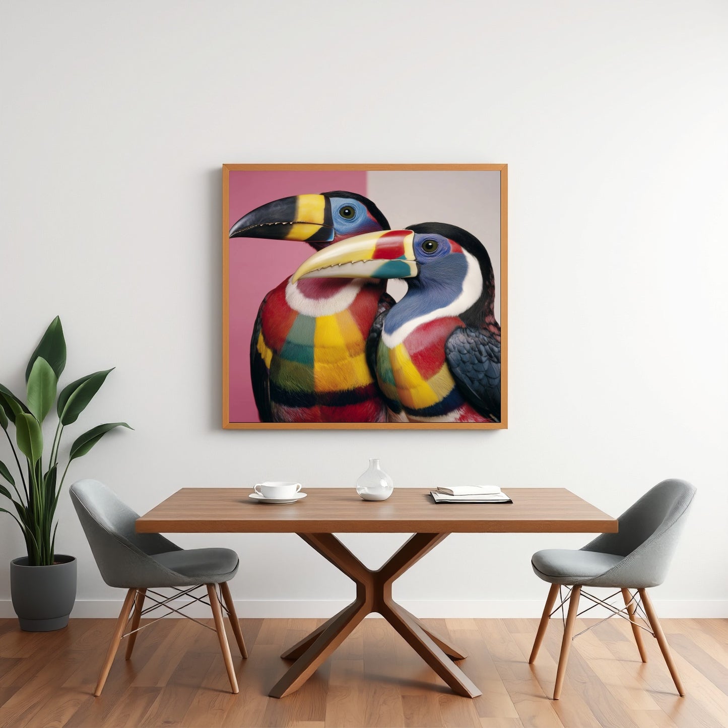 Colorful toucans pastel wall art print — tropical bird artwork with vivid tones and modern design in minimalist dining