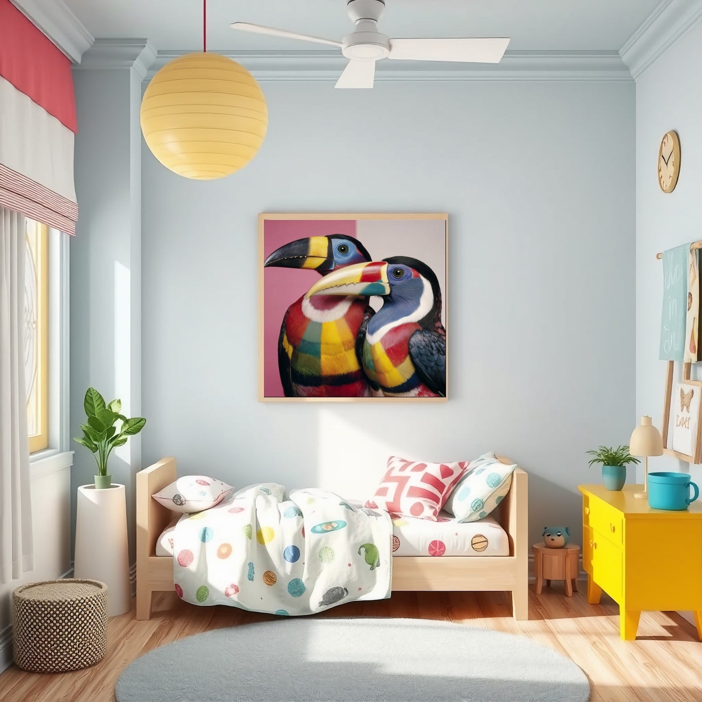 Colorful toucans pastel wall art print — tropical bird artwork with vivid tones and modern design in nursery