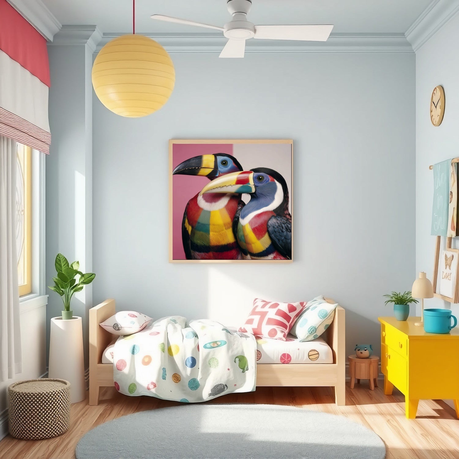 Colorful toucans pastel wall art print — tropical bird artwork with vivid tones and modern design in nursery