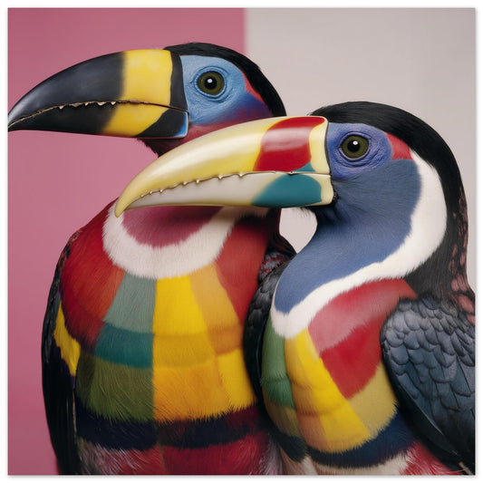 Colorful toucans pastel wall art print — tropical bird artwork with vivid tones and modern design close up