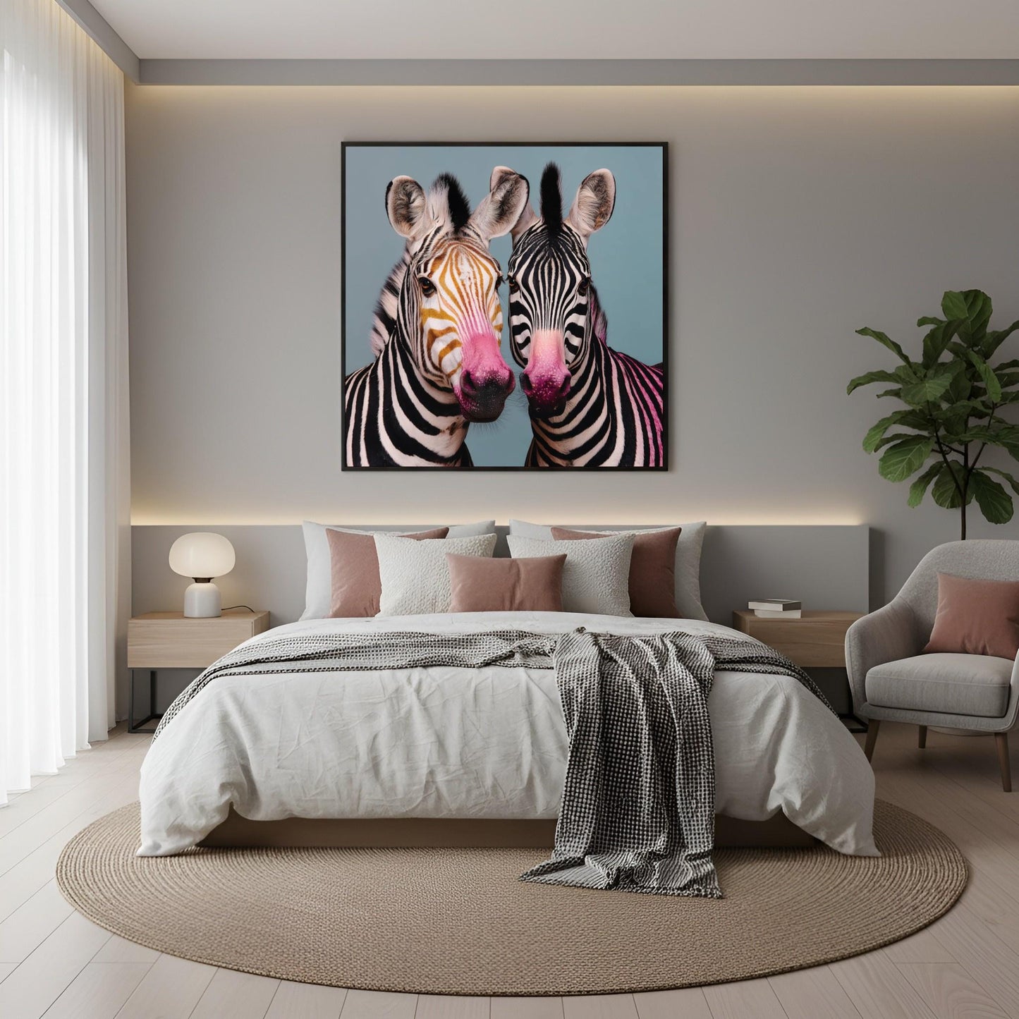 Twin zebras mirrored pastel wall art print — symmetrical safari animal artwork with bold pastel tones in boho bedroom