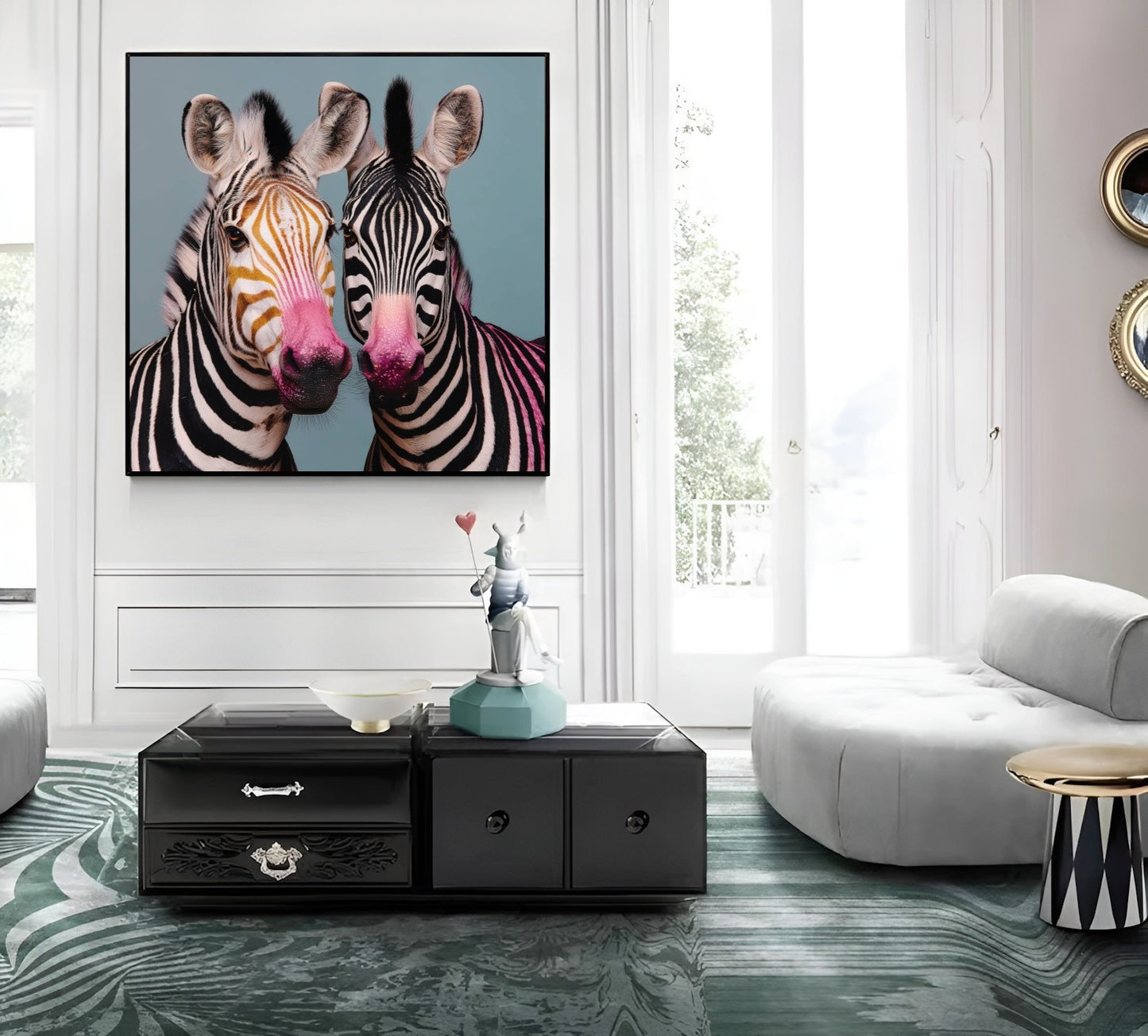 Twin zebras mirrored pastel wall art print — symmetrical safari animal artwork with bold pastel tones in contemporary living room 