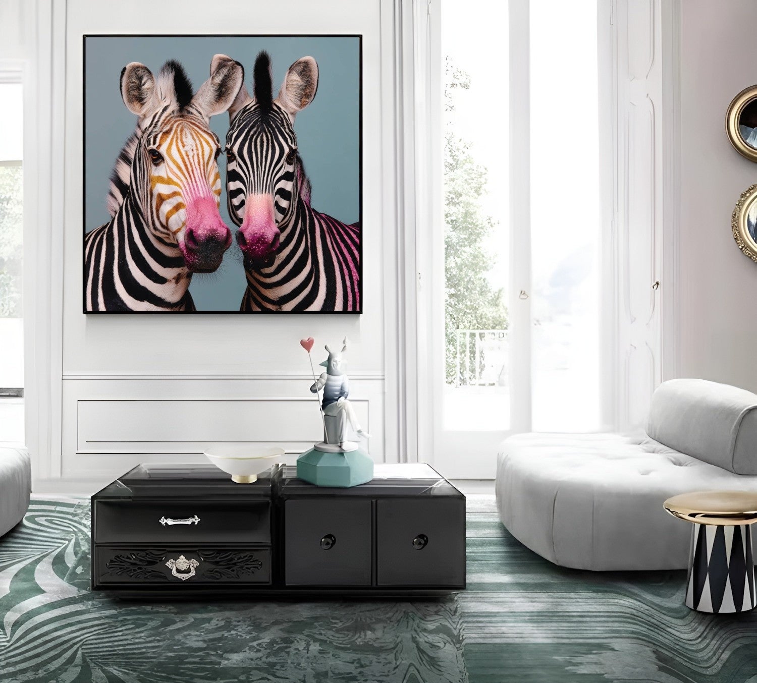 Twin zebras mirrored pastel wall art print — symmetrical safari animal artwork with bold pastel tones in contemporary living room 