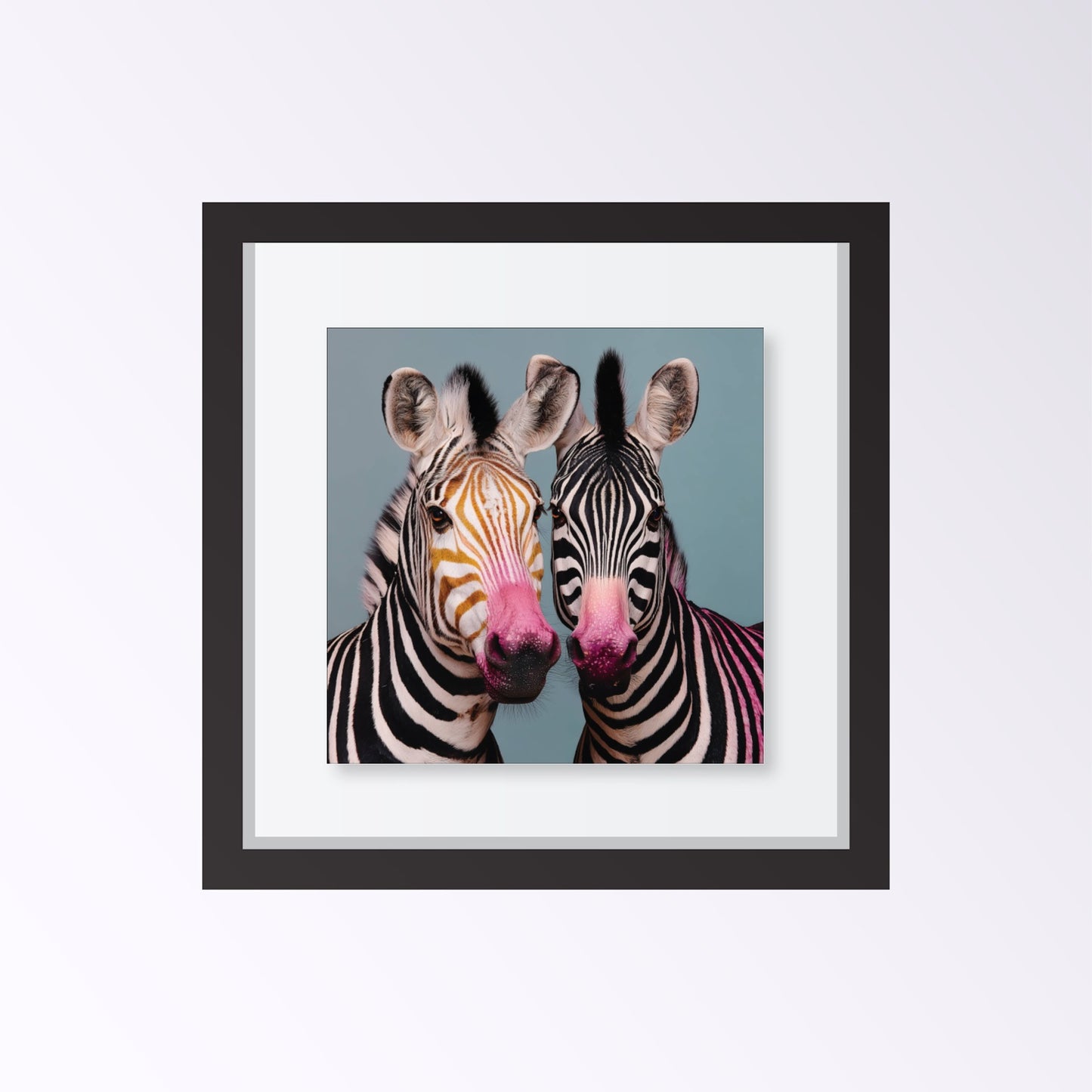 Twin zebras mirrored pastel wall art print — symmetrical safari animal artwork with bold pastel tones framed black
