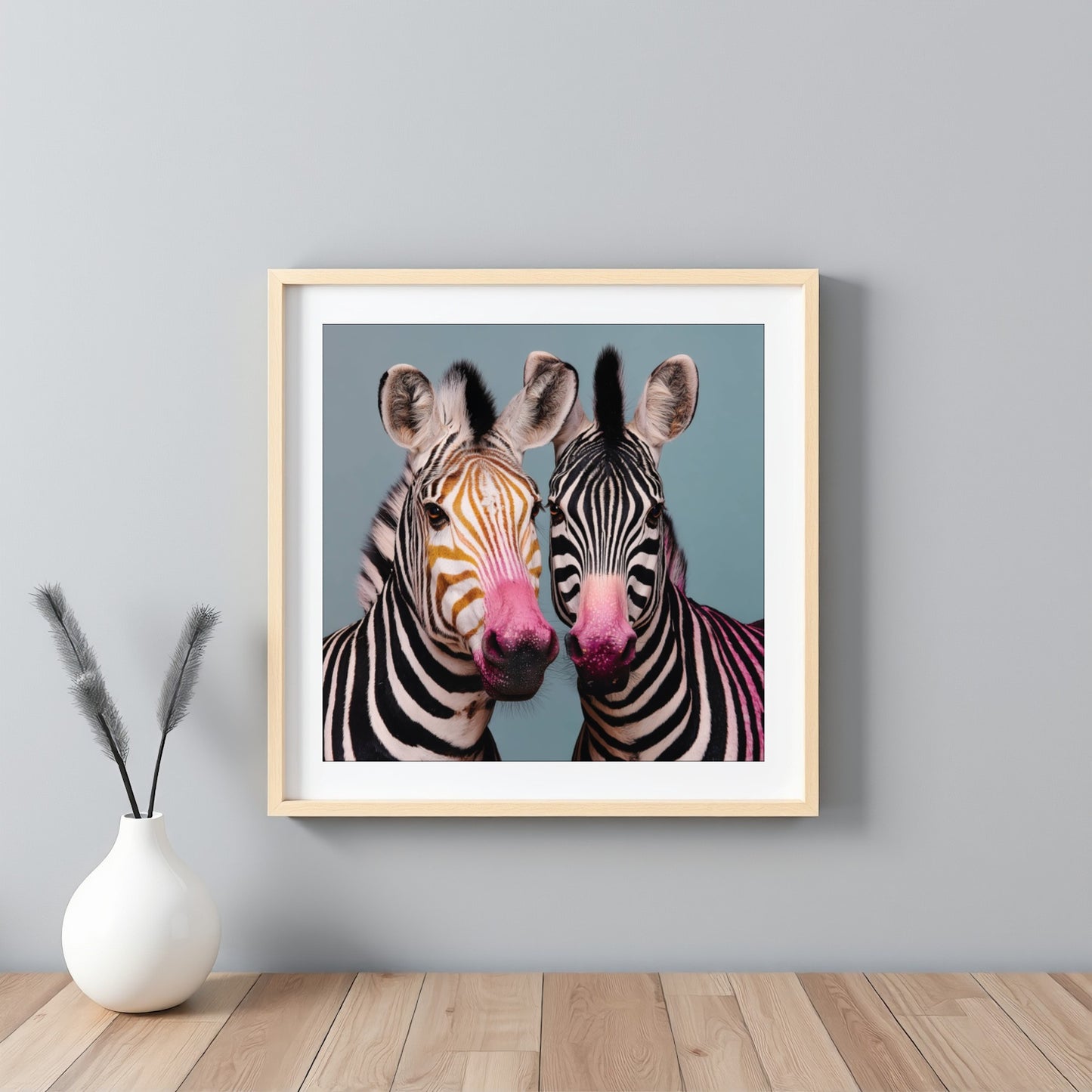 Twin zebras mirrored pastel wall art print — symmetrical safari animal artwork with bold pastel tones framed white