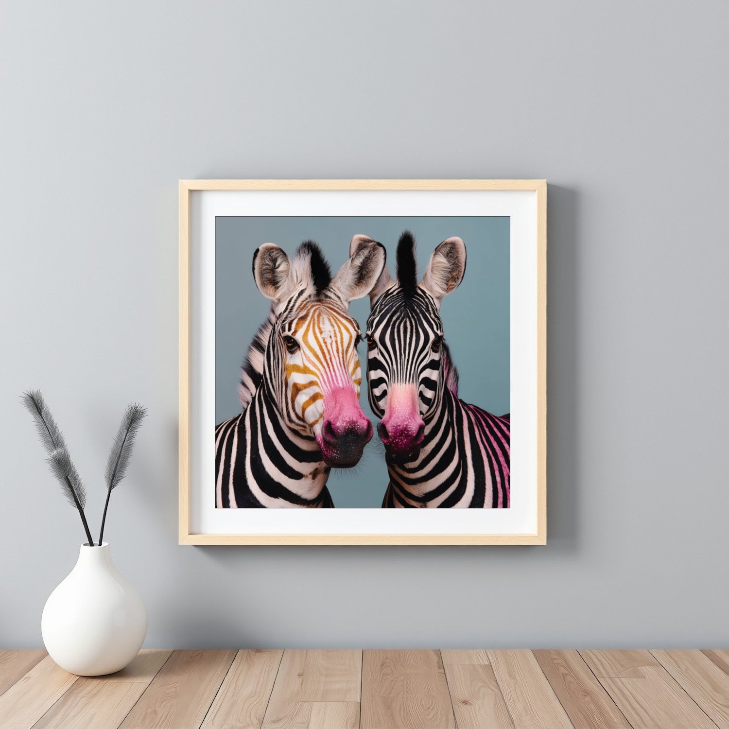 Twin zebras mirrored pastel wall art print — symmetrical safari animal artwork with bold pastel tones framed white
