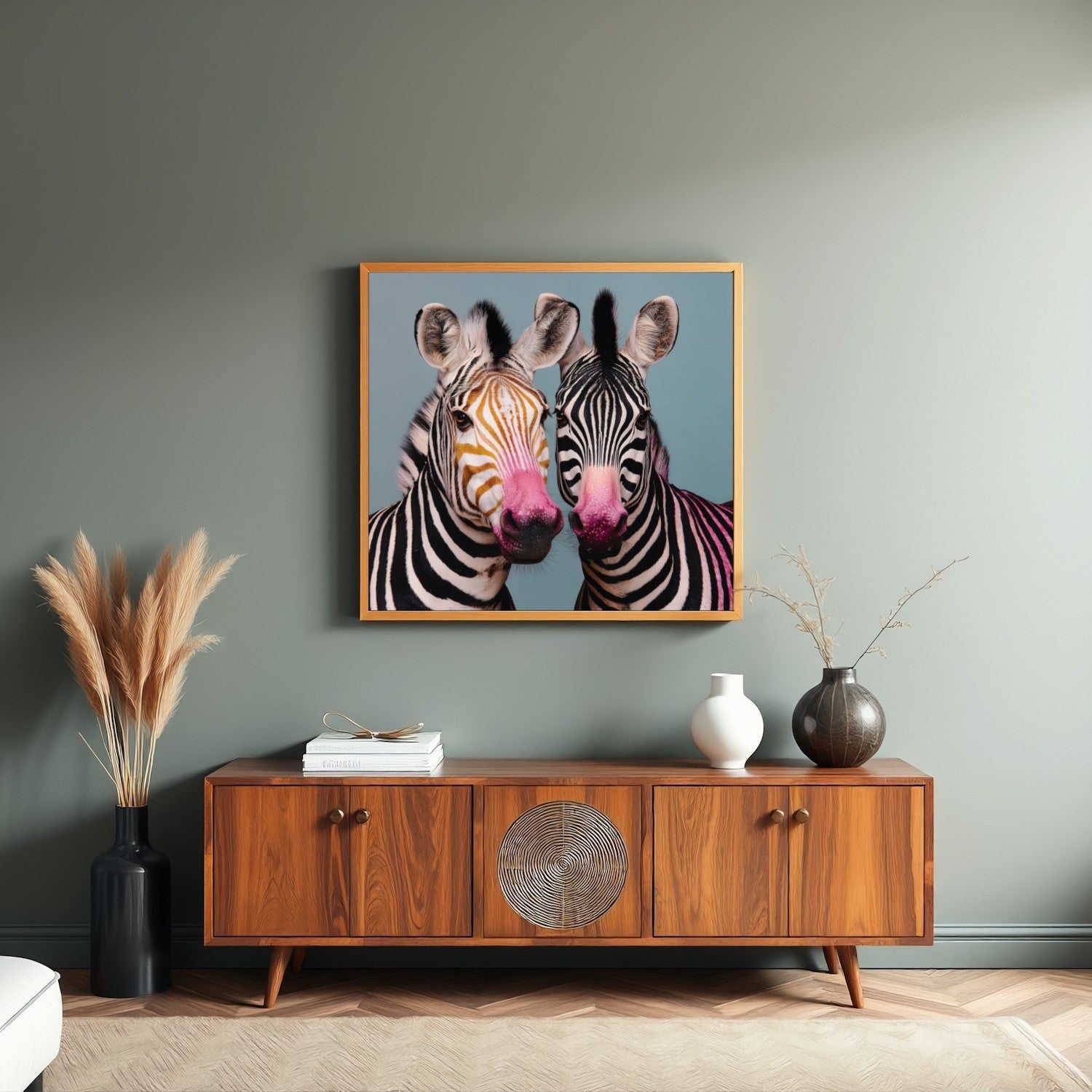 Twin zebras mirrored pastel wall art print — symmetrical safari animal artwork with bold pastel tones in living room two