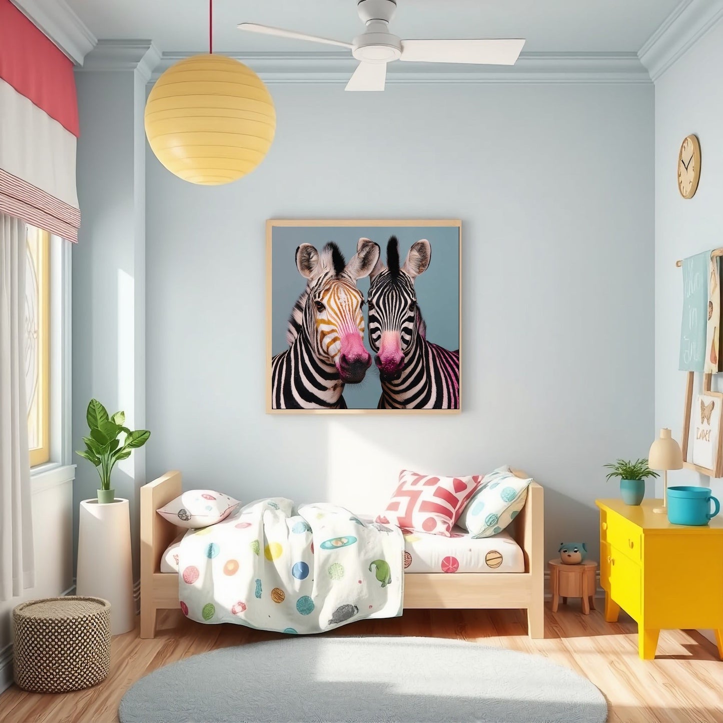 Twin zebras mirrored pastel wall art print — symmetrical safari animal artwork with bold pastel tones in nursery kids room