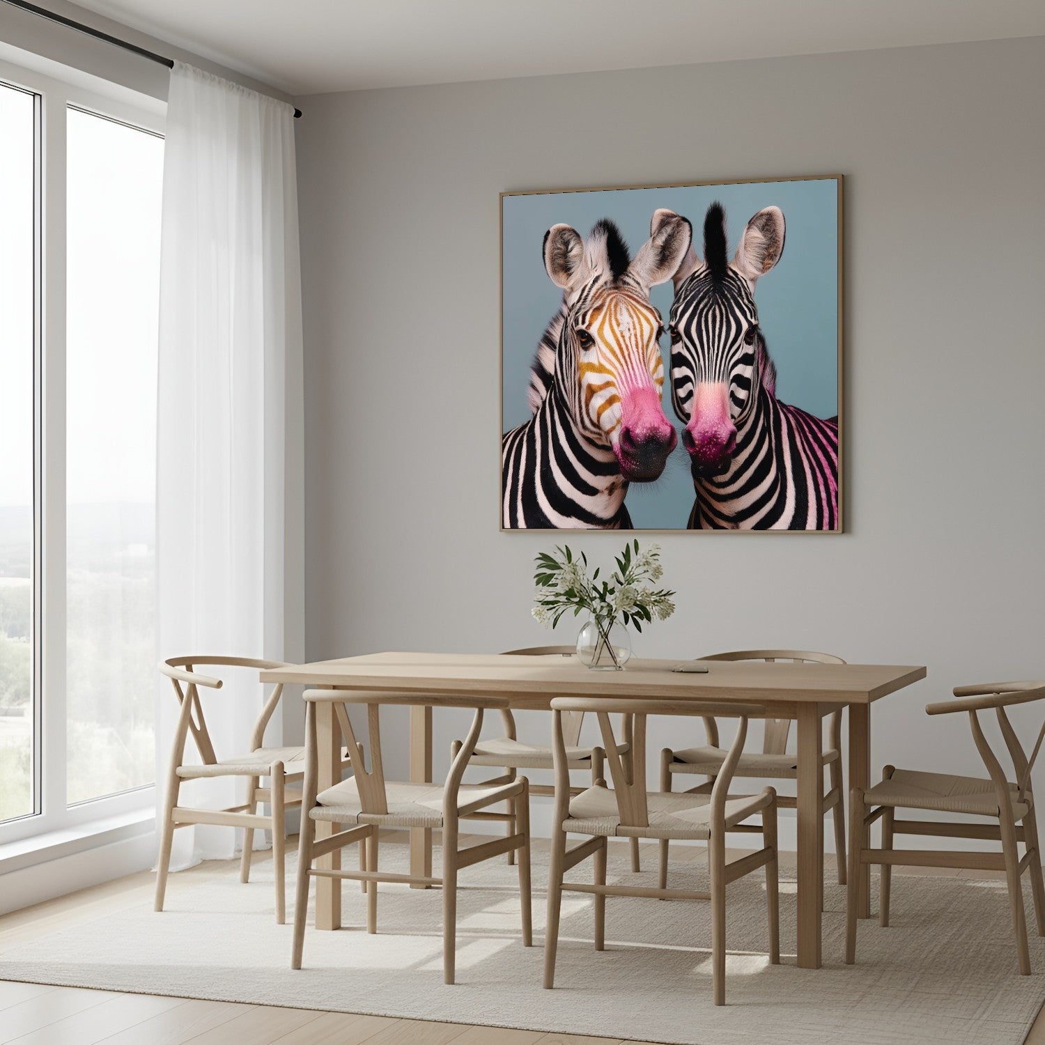 Twin zebras mirrored pastel wall art print — symmetrical safari animal artwork with bold pastel tones in Scandinavian dining 