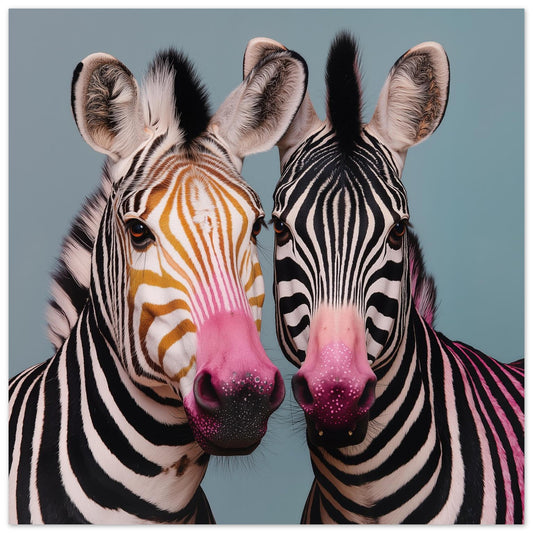 Twin zebras mirrored pastel wall art print — symmetrical safari animal artwork with bold pastel tones close up