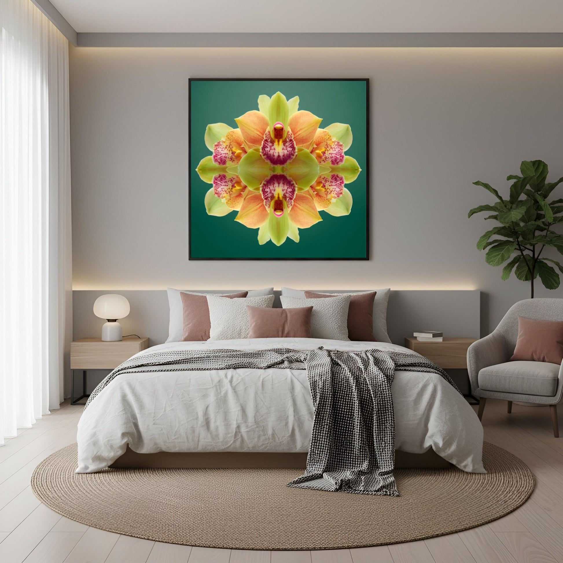 Orchid Mirage wall print – green and magenta orchids in symmetry, tropical botanical art  in boho bedroom
