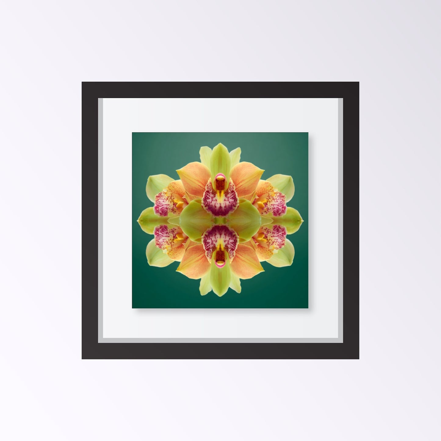 Orchid Mirage wall print – green and magenta orchids in symmetry, tropical botanical art framed black