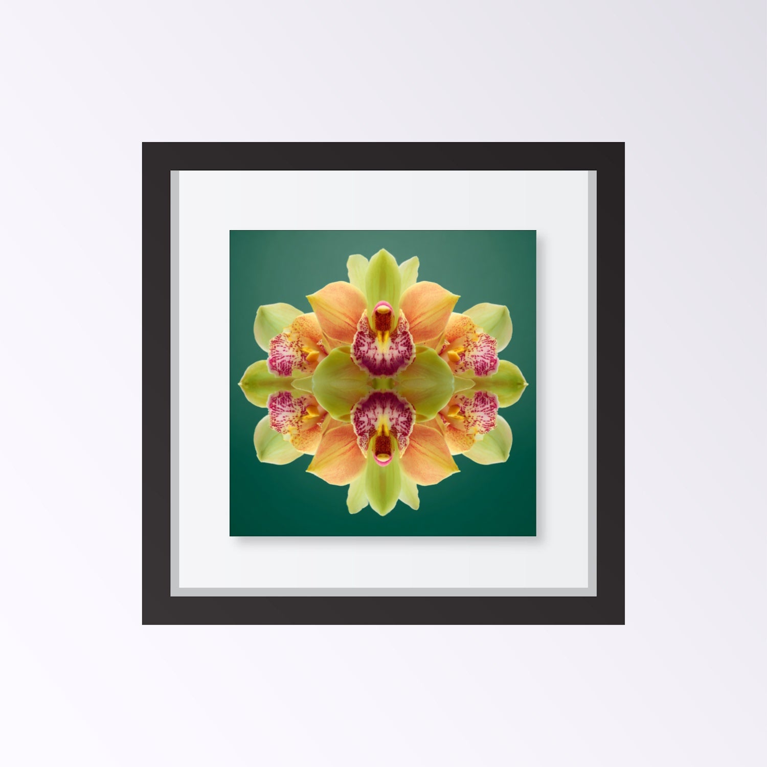 Orchid Mirage wall print – green and magenta orchids in symmetry, tropical botanical art framed black