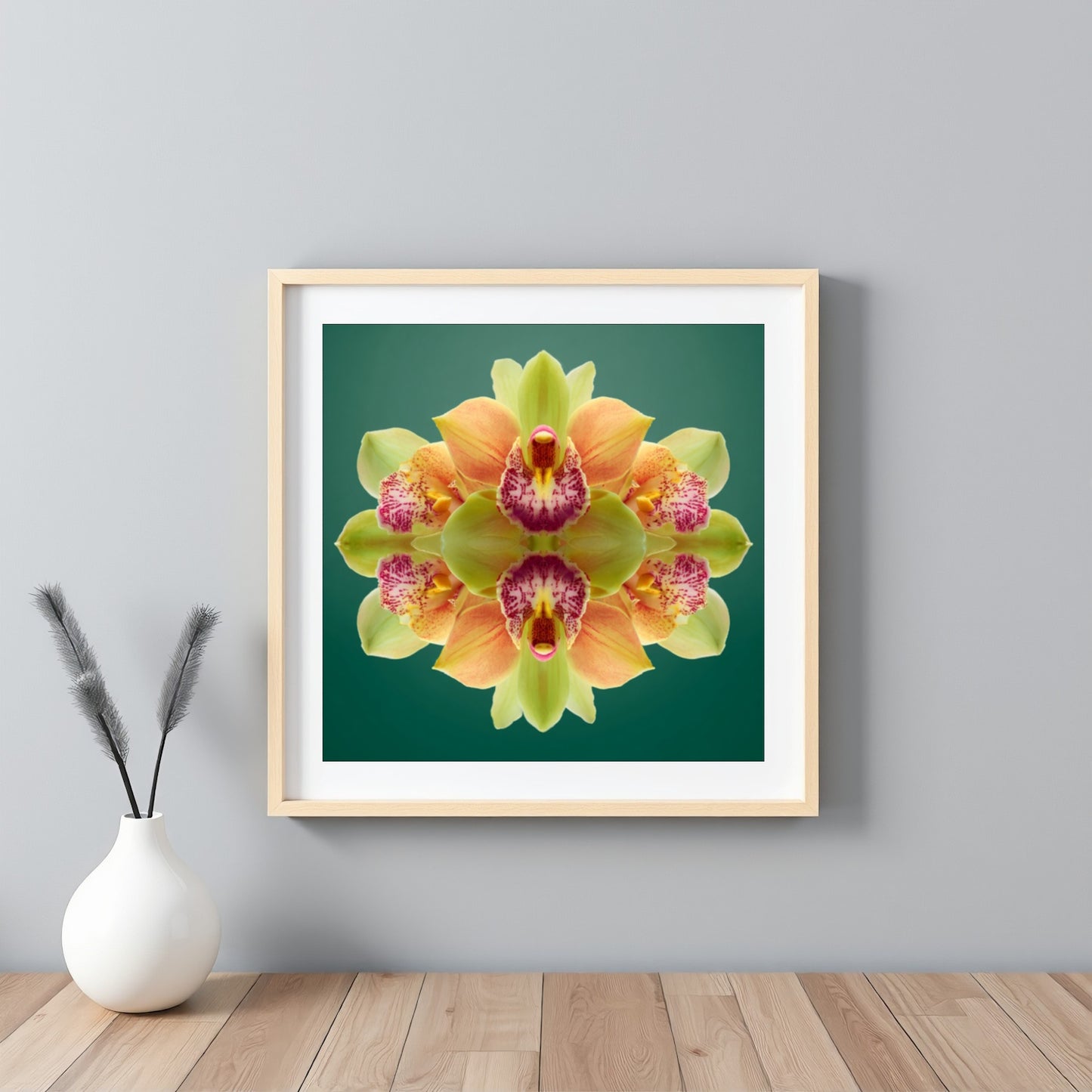 Orchid Mirage wall print – green and magenta orchids in symmetry, tropical botanical art framed white
