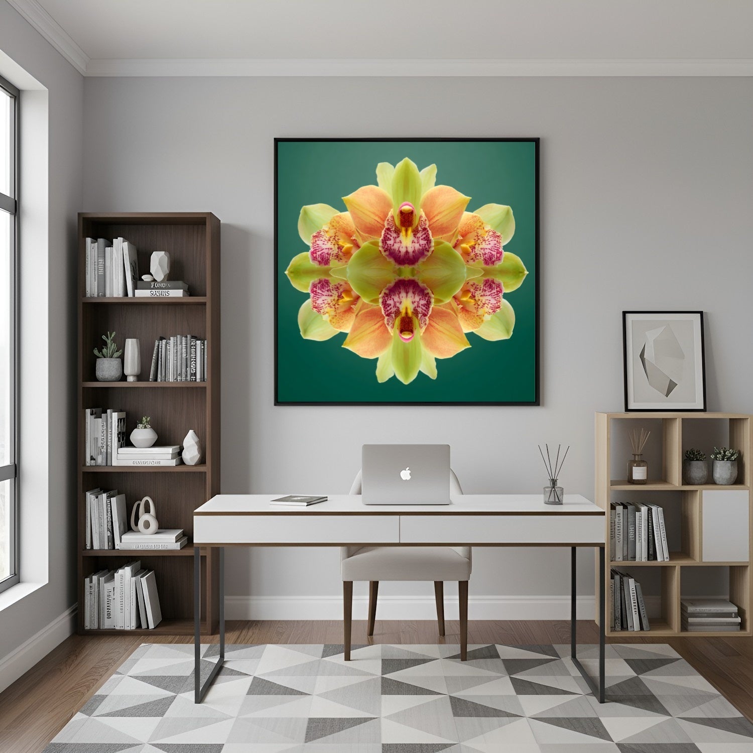 Orchid Mirage wall print – green and magenta orchids in symmetry, tropical botanical art in home office