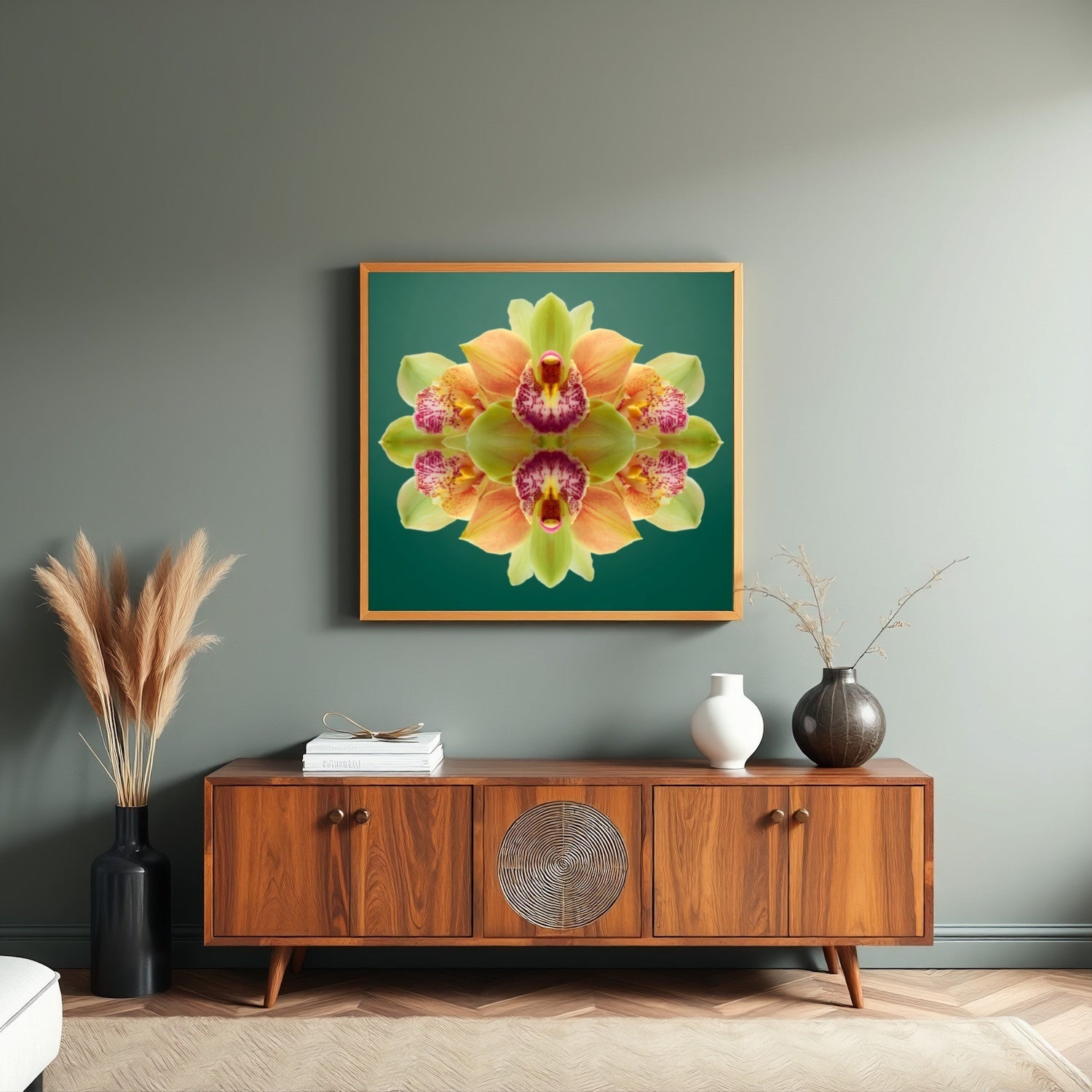 Orchid Mirage wall print – green and magenta orchids in symmetry, tropical botanical art in living room
